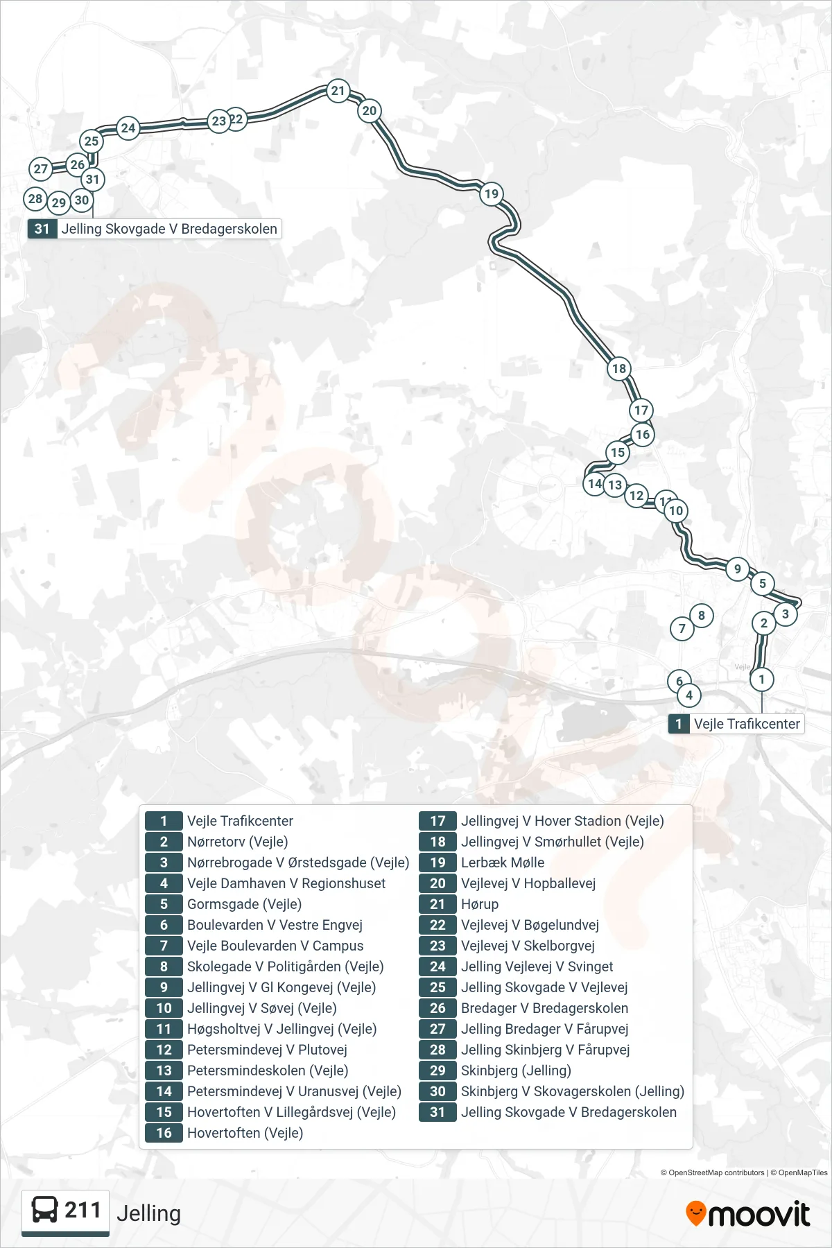 211 bus Linje (Jelling) rute og stop på et kort