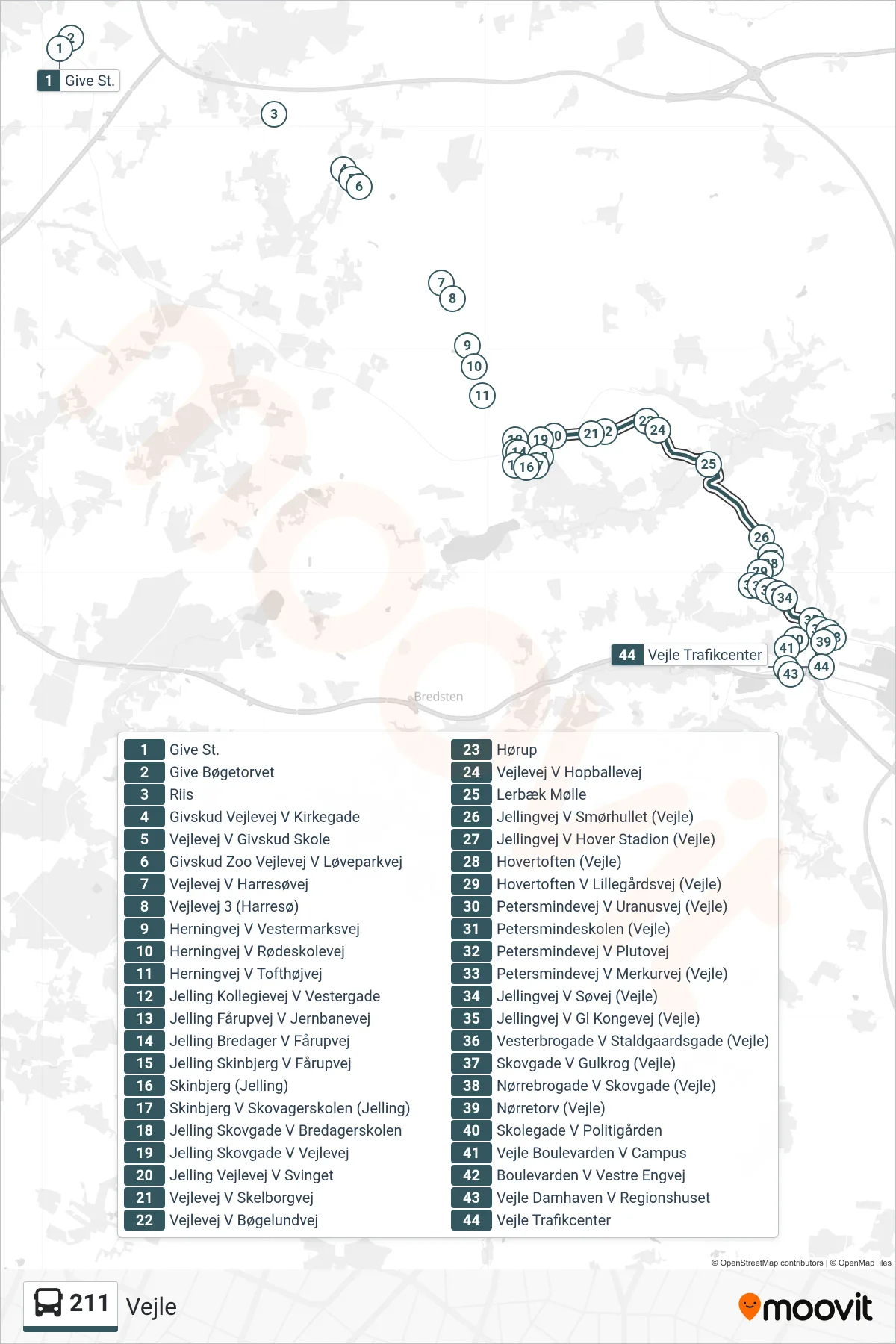 211 bus Linje (Vejle) rute og stop på et kort