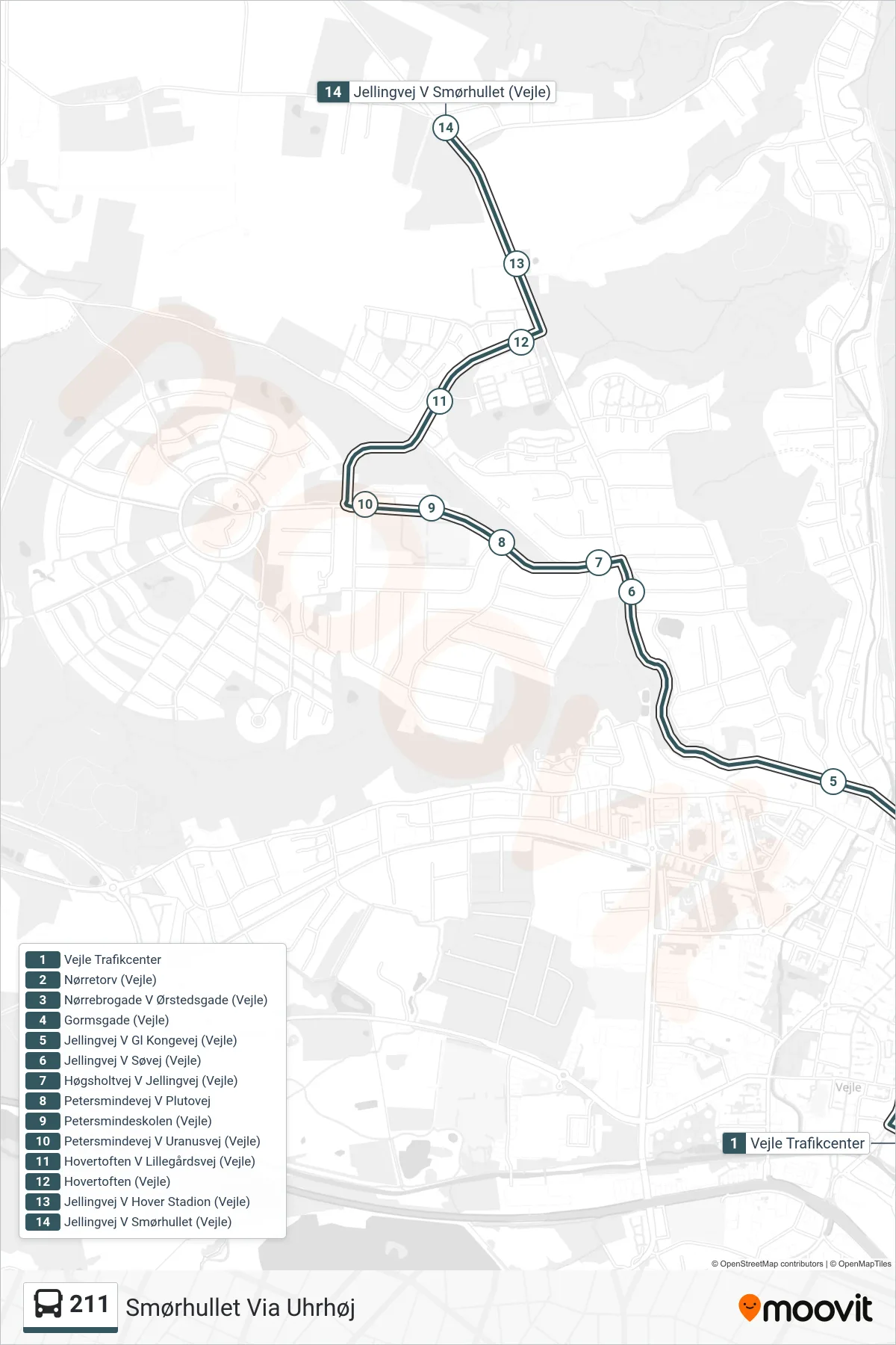 211 bus Linje (Smørhullet Via Uhrhøj) rute og stop på et kort