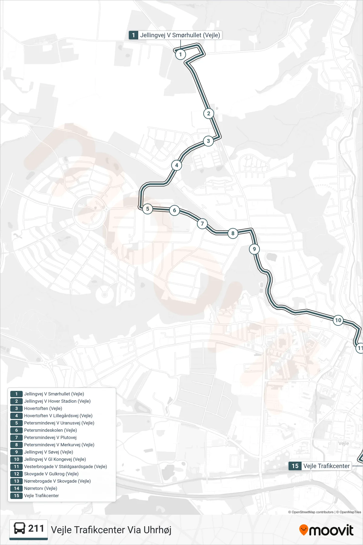 211 bus Linje (Vejle Trafikcenter Via Uhrhøj) rute og stop på et kort