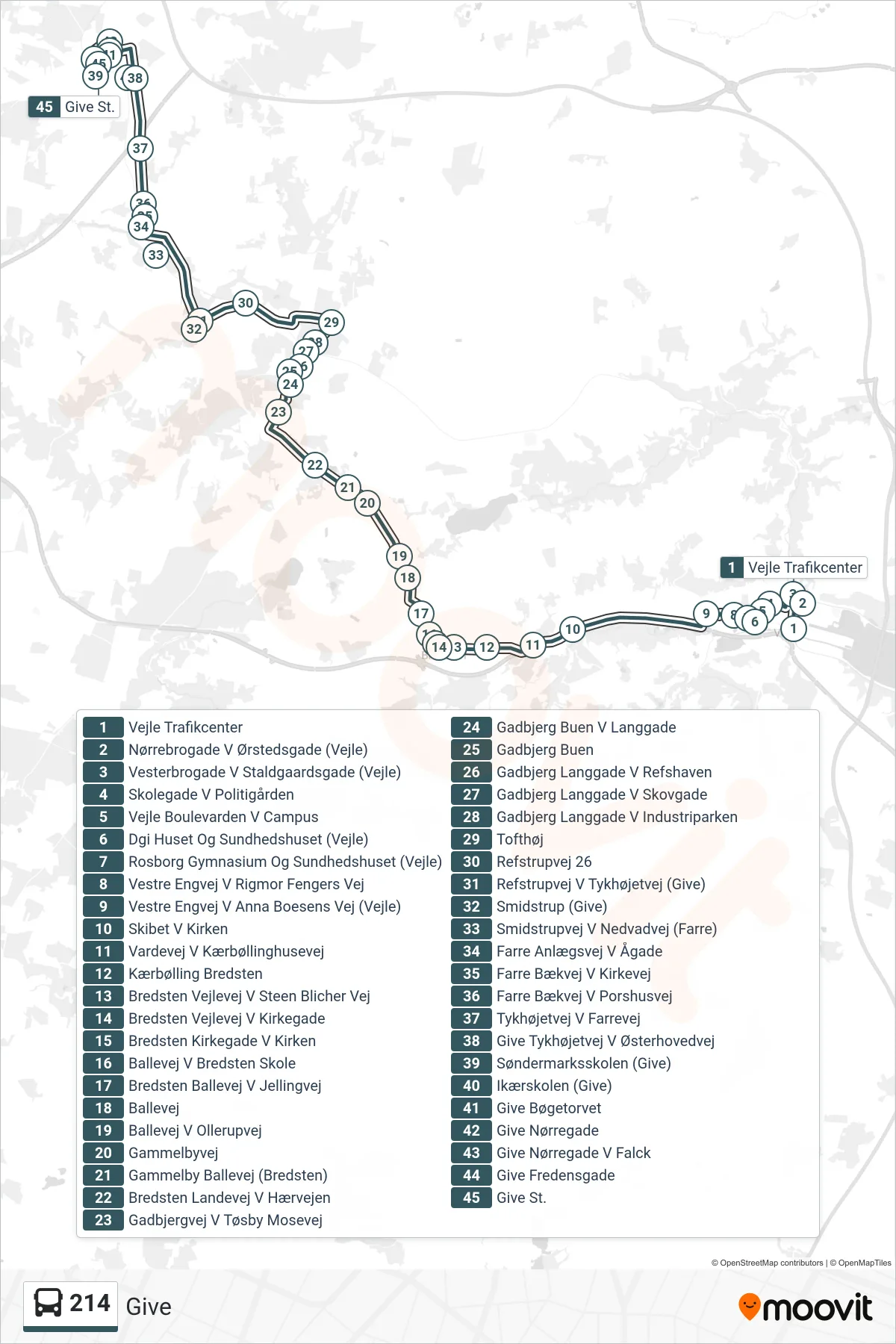 214 bus Linje (Give) rute og stop på et kort