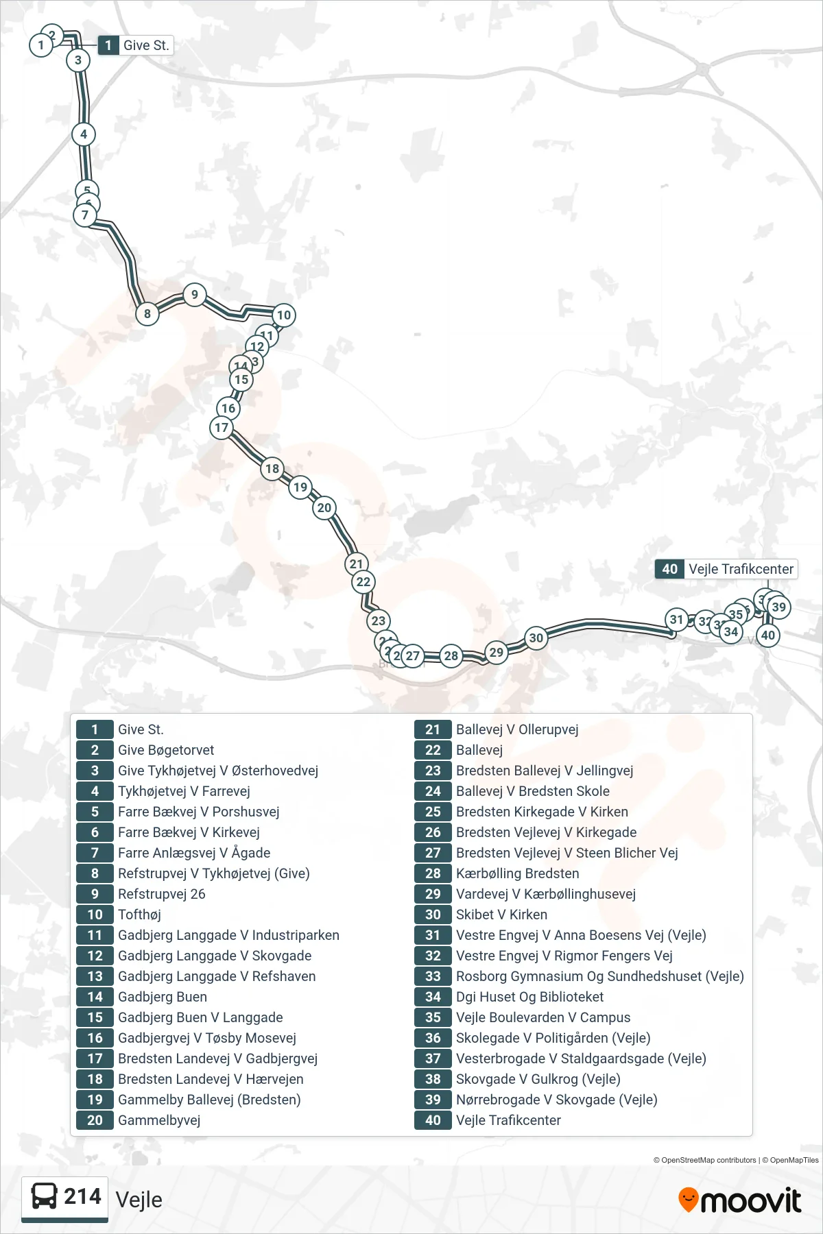214 bus Linje (Vejle) rute og stop på et kort
