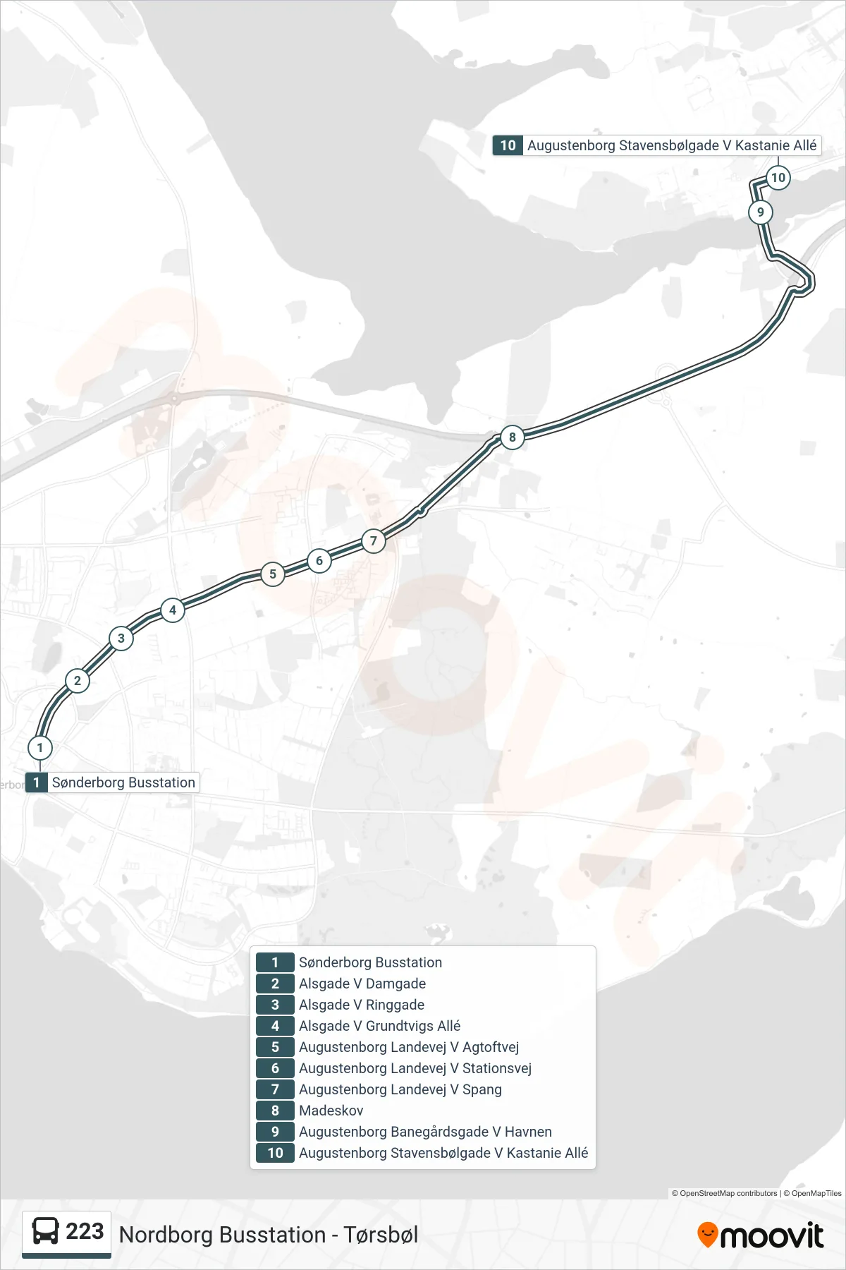 223 bus Linje (Augustenborg) rute og stop på et kort
