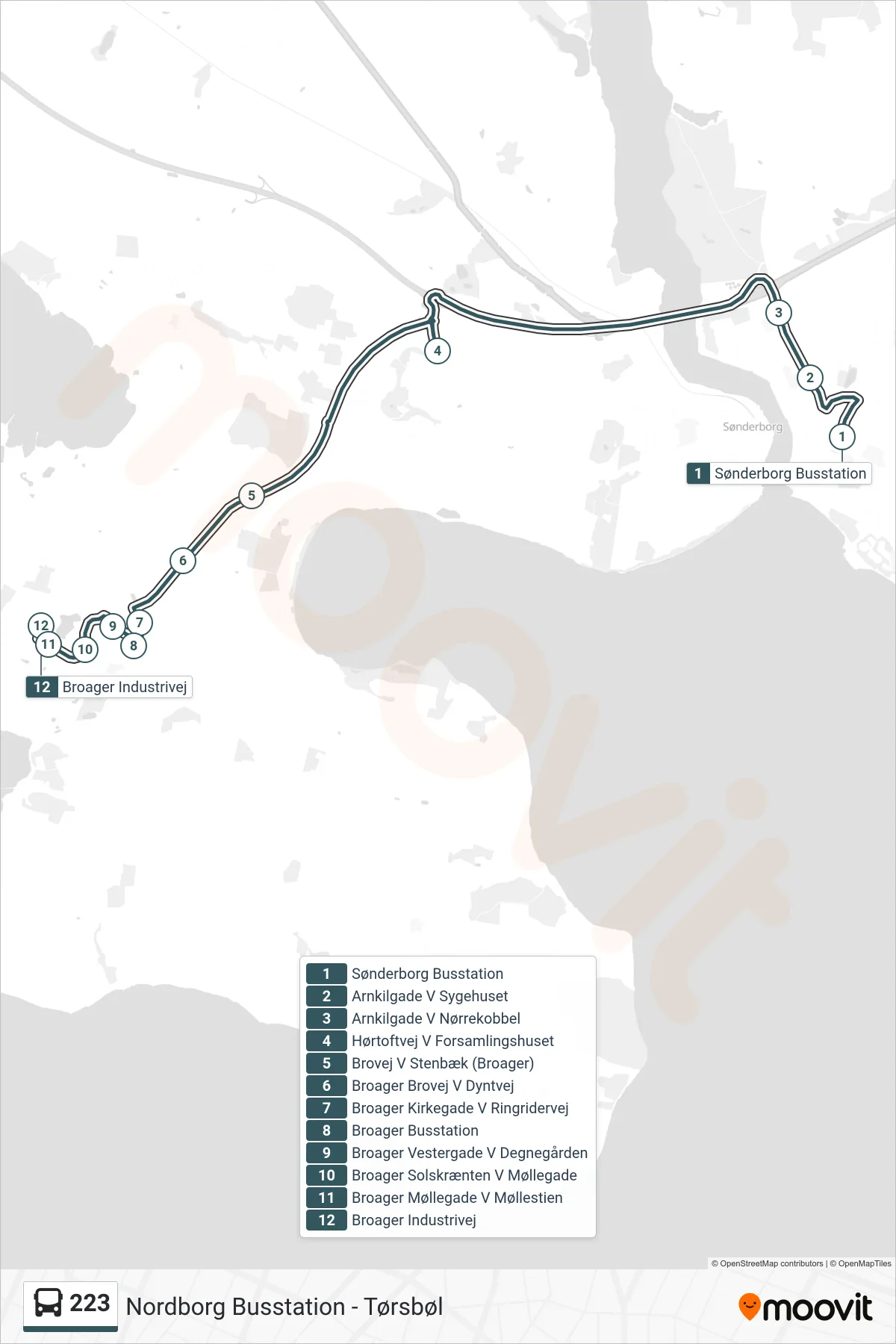 223 bus Line (Broager) route and stops on a map