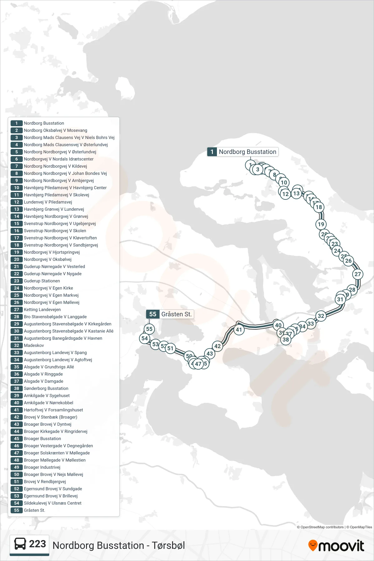 223 bus Linje (Gråsten St. (Bus)) rute og stop på et kort