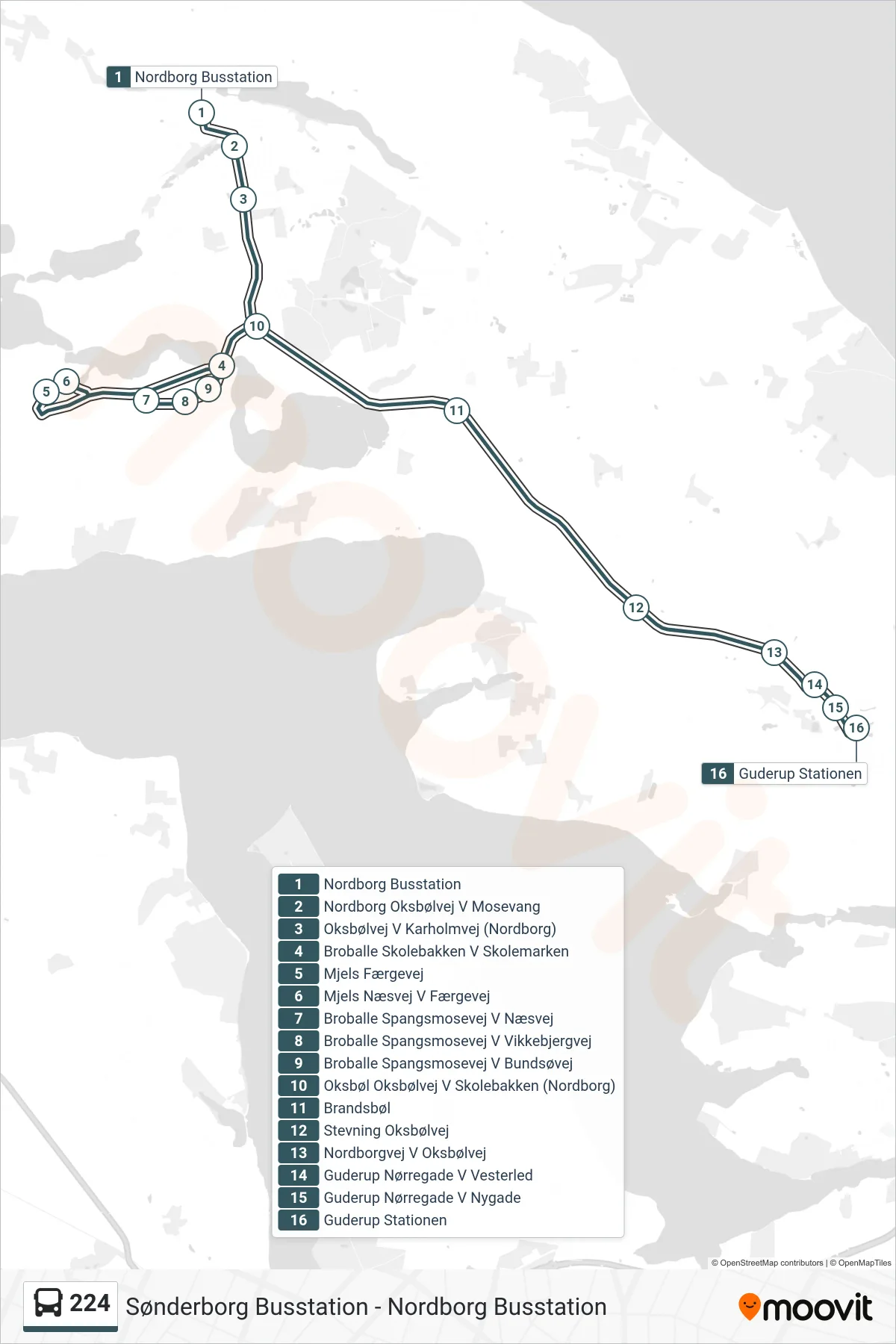 224 bus Linje (Guderup) rute og stop på et kort