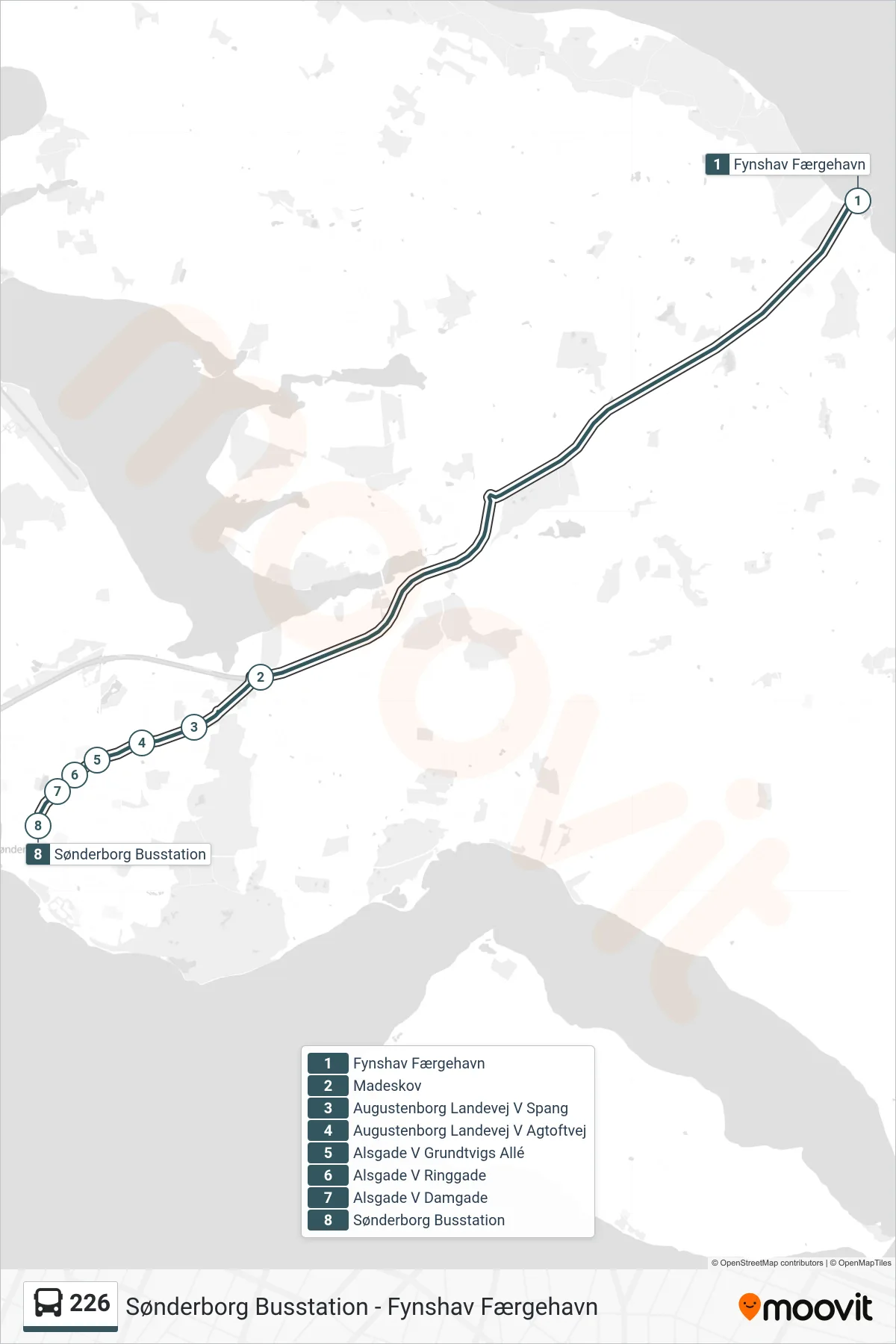 226 bus Linje (Sønderborg) rute og stop på et kort