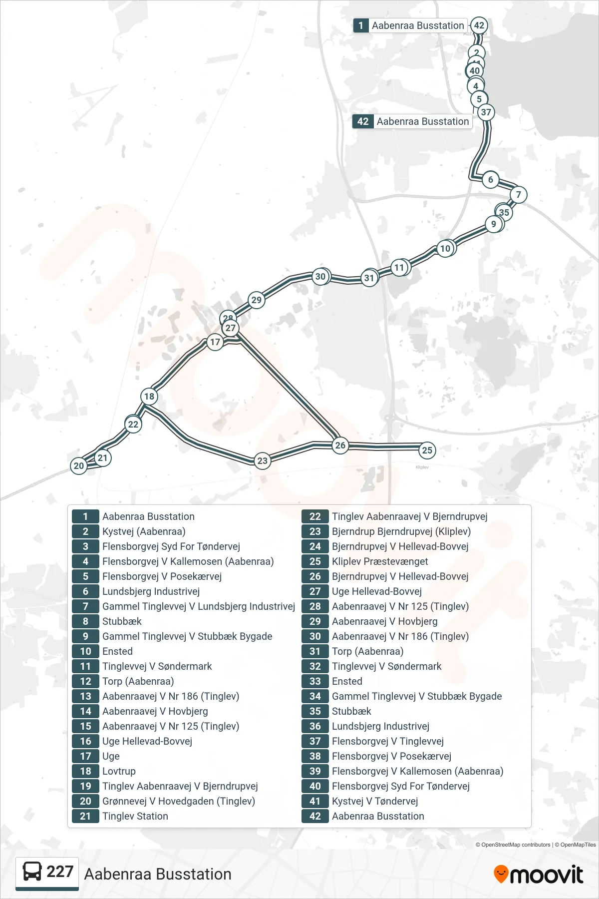 227 bus Linje (Aabenraa Busstation) rute og stop på et kort