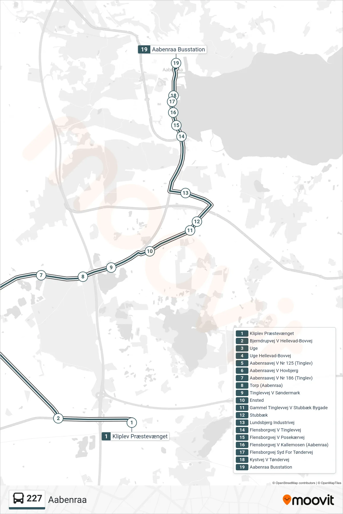 227 bus Linje (Aabenraa) rute og stop på et kort
