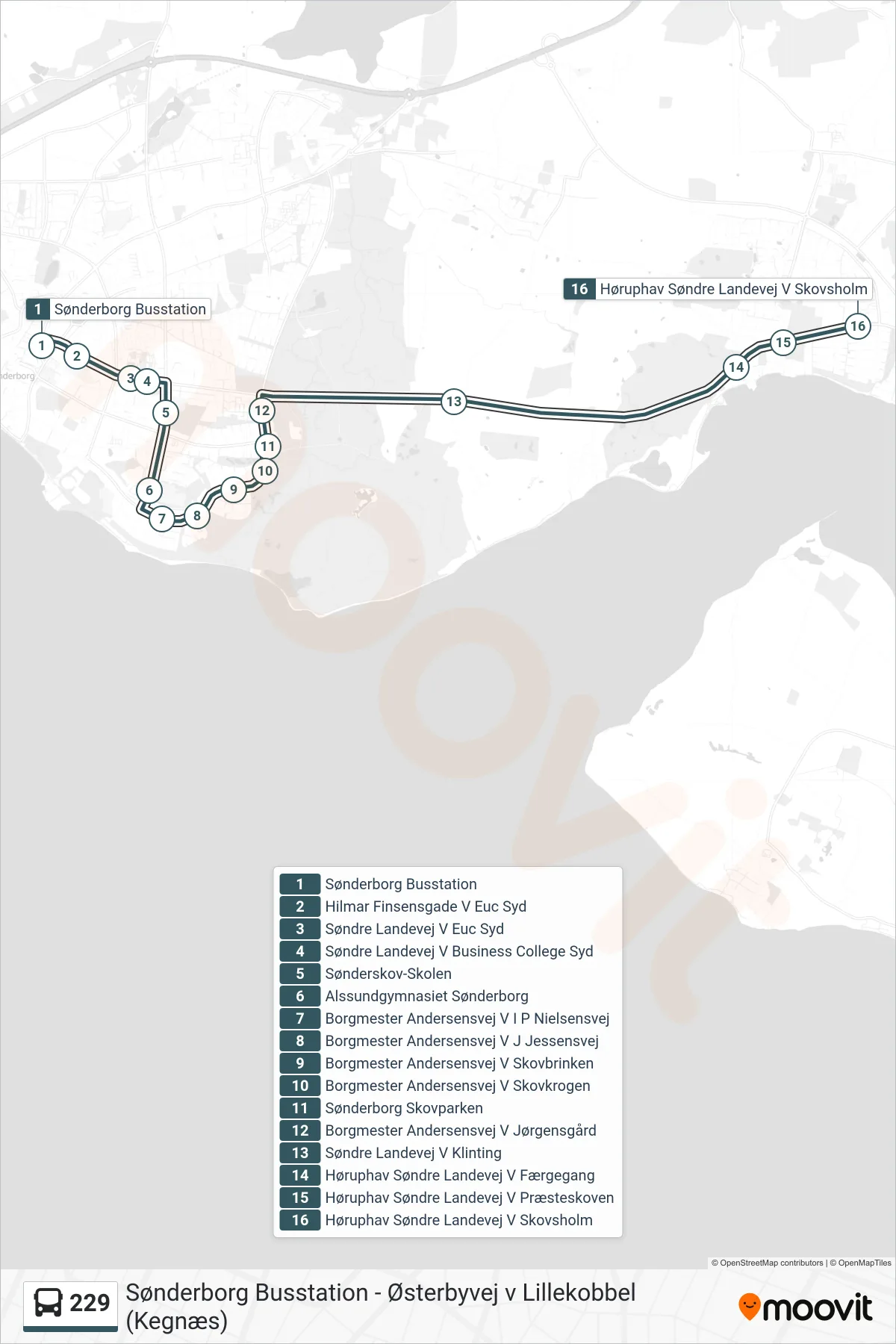 229 bus Linje (Høruphav) rute og stop på et kort