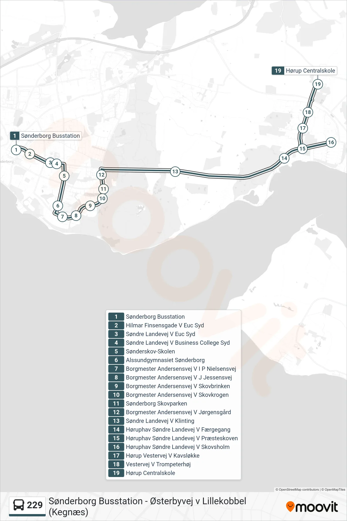 229 bus Line (Hørup Centralskole) route and stops on a map