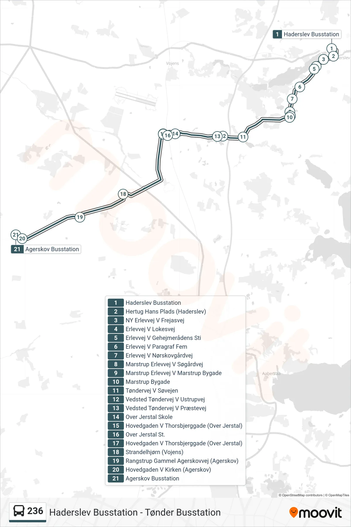 236 bus Linje (Agerskov) rute og stop på et kort