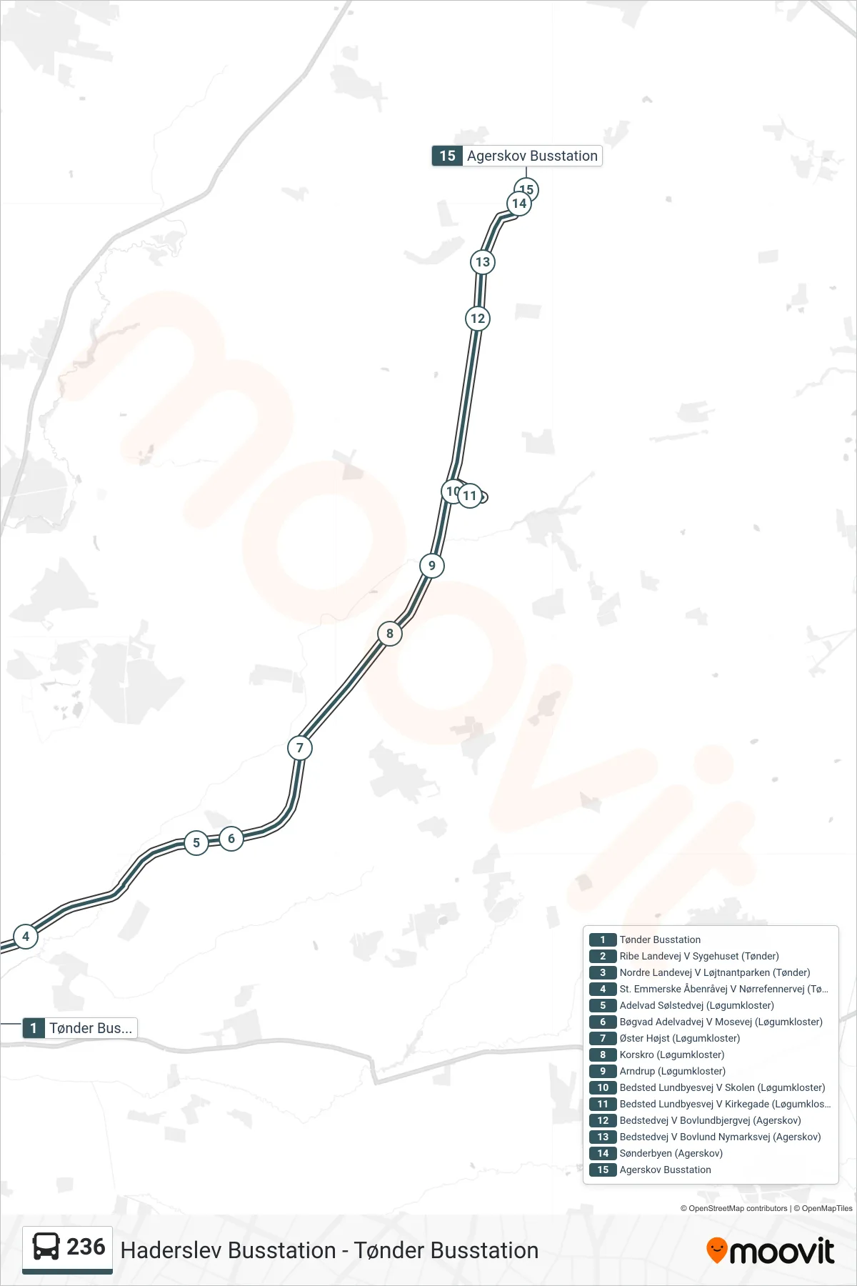 236 bus Line (Agerskov) route and stops on a map