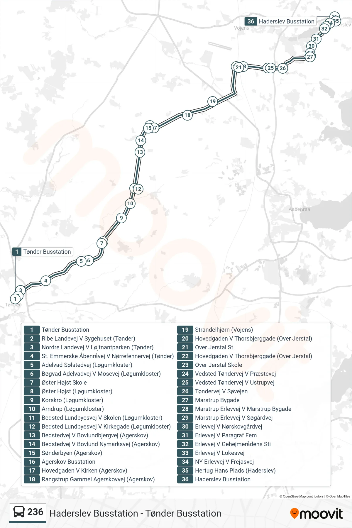 236 bus Linje (Haderslev) rute og stop på et kort