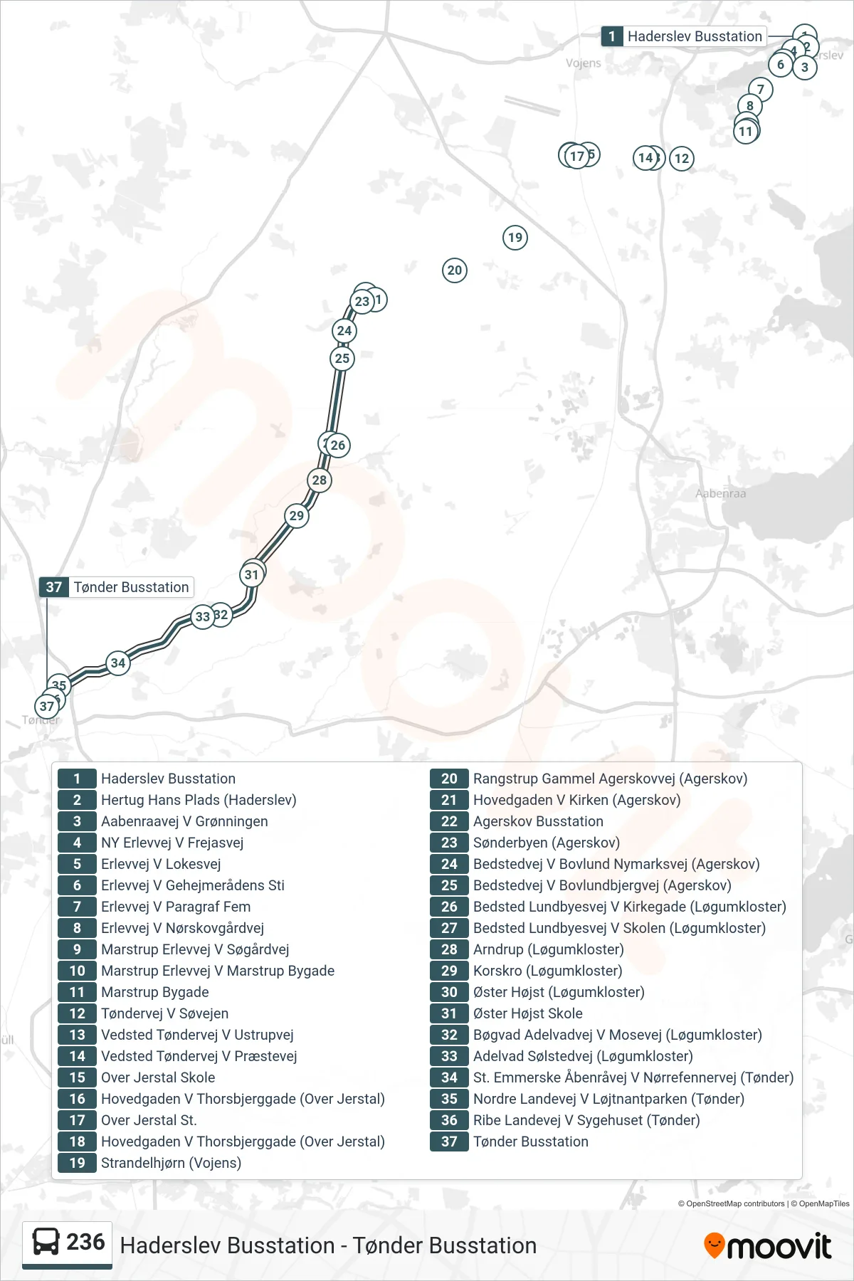236 bus Linje (Tønder) rute og stop på et kort