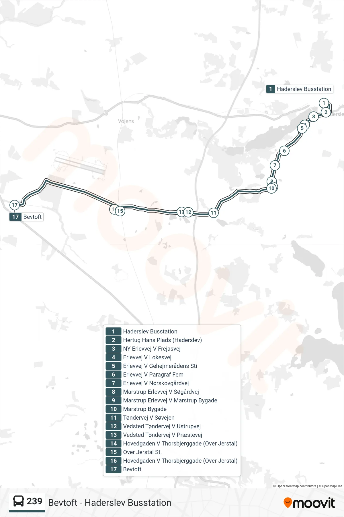 239 bus Linje (Bevtoft) rute og stop på et kort