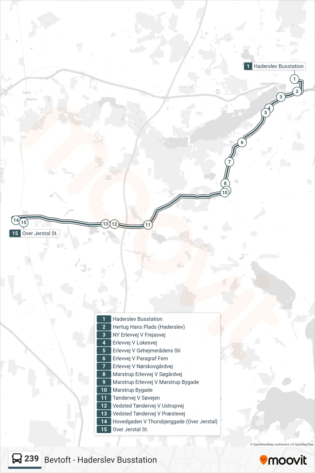239 bus Linje (Over Jerstal St. (Bus)) rute og stop på et kort
