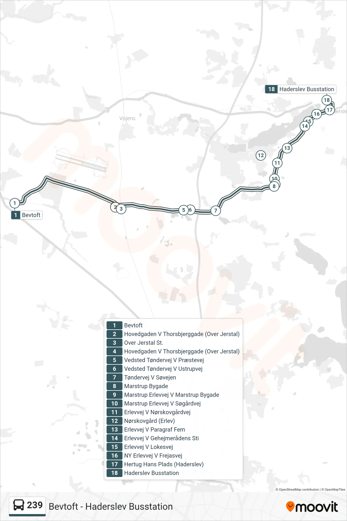 239 bus Linje (Haderslev Busstation) rute og stop på et kort