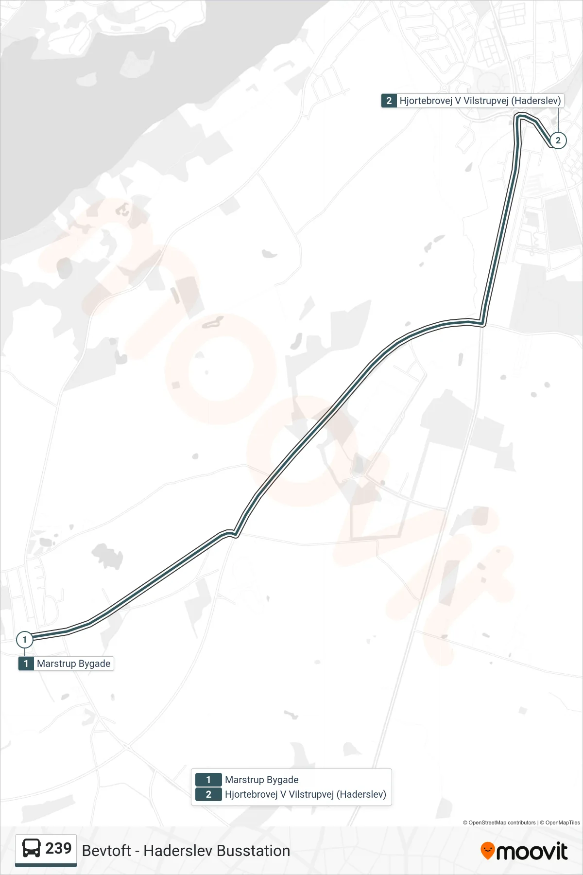 239 bus Line (Hjortebrovej V Vilstrupvej (Haderslev)) route and stops on a map