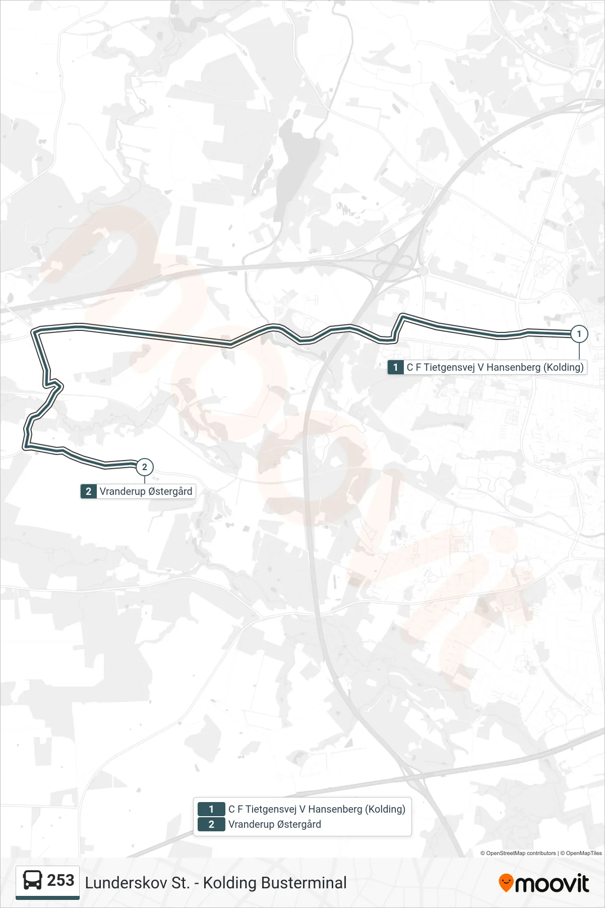 253 bus Linje (Vranderup Østergård) rute og stop på et kort