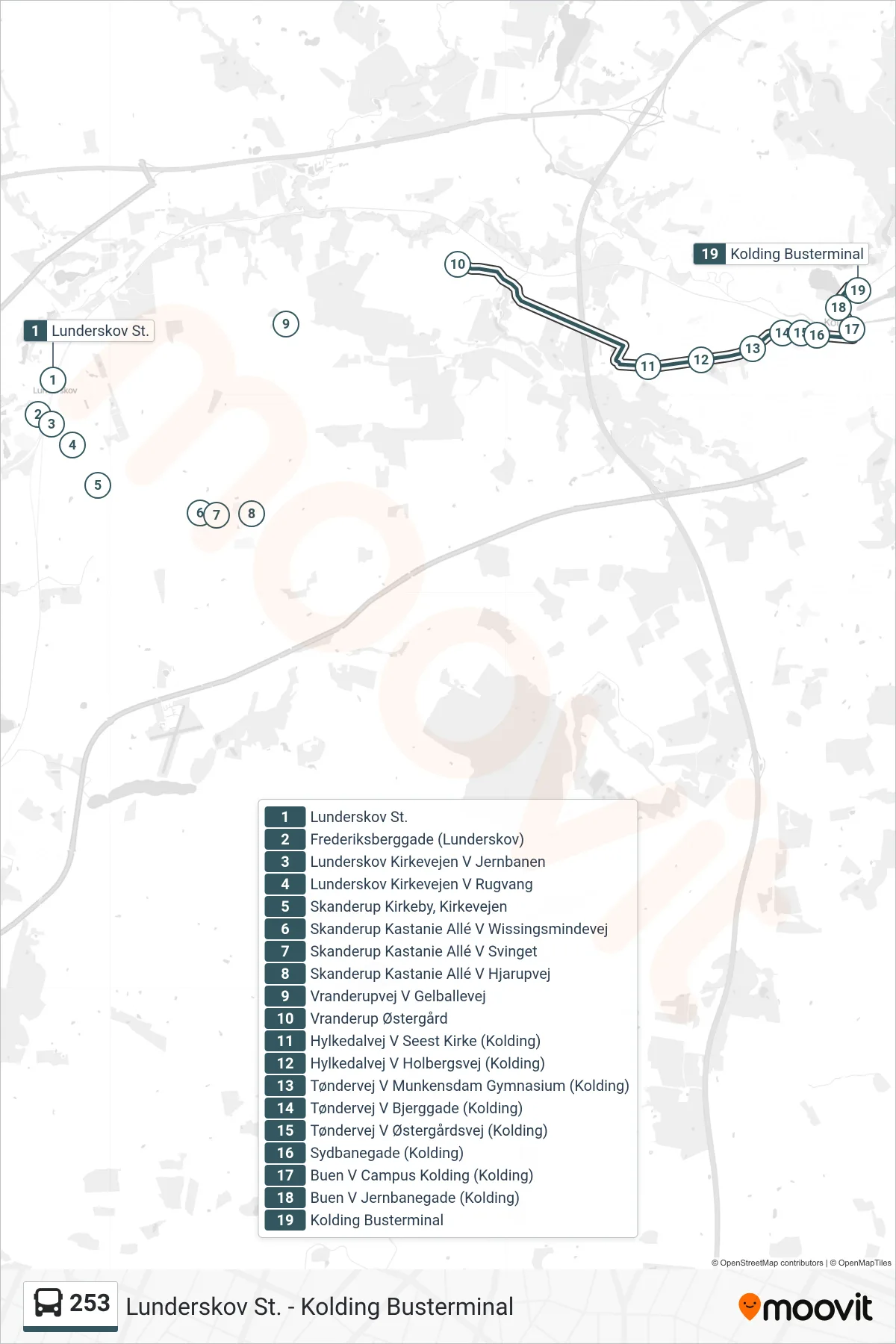 253 bus Linje (Kolding) rute og stop på et kort