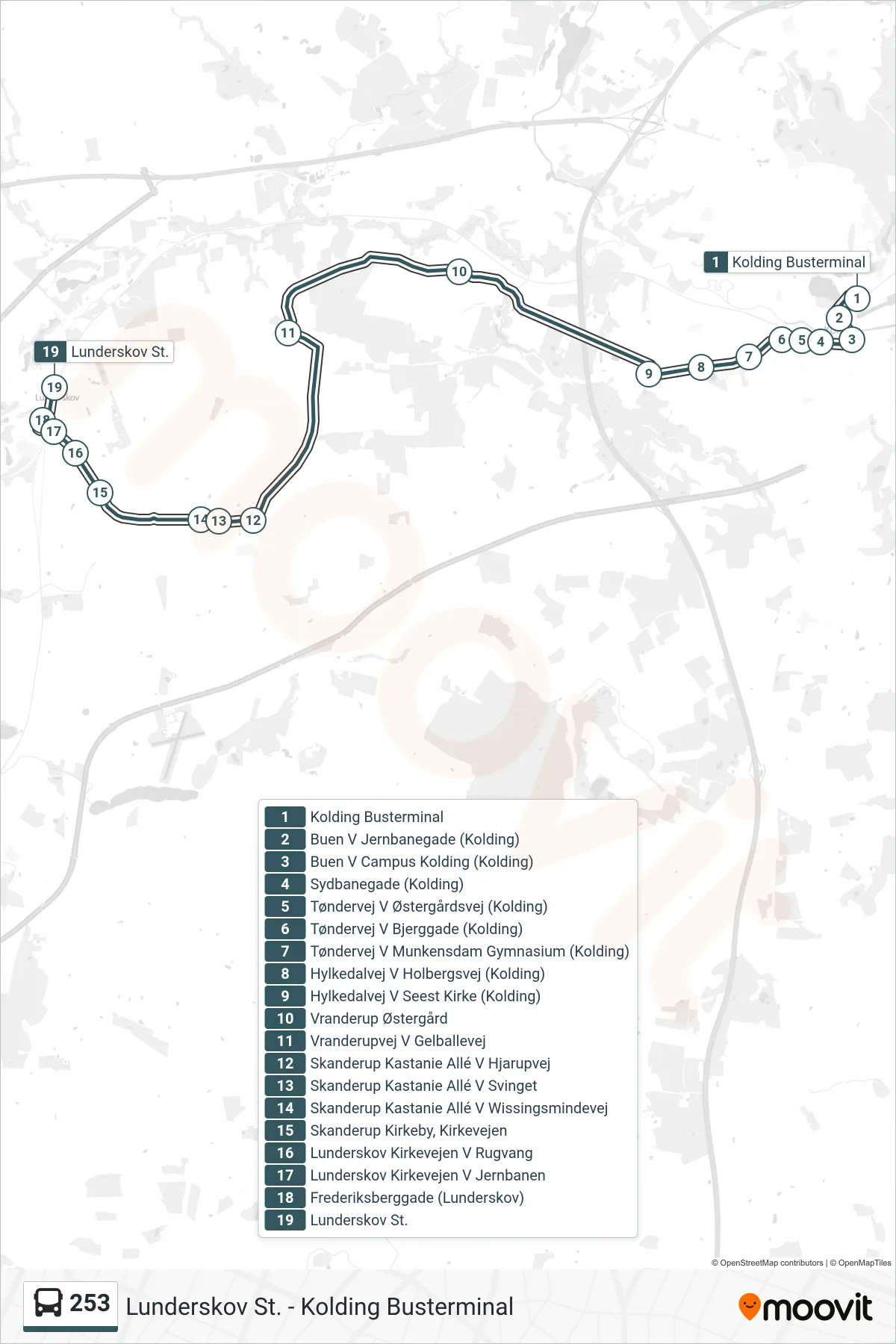 253 bus Linje (Lunderskov) rute og stop på et kort
