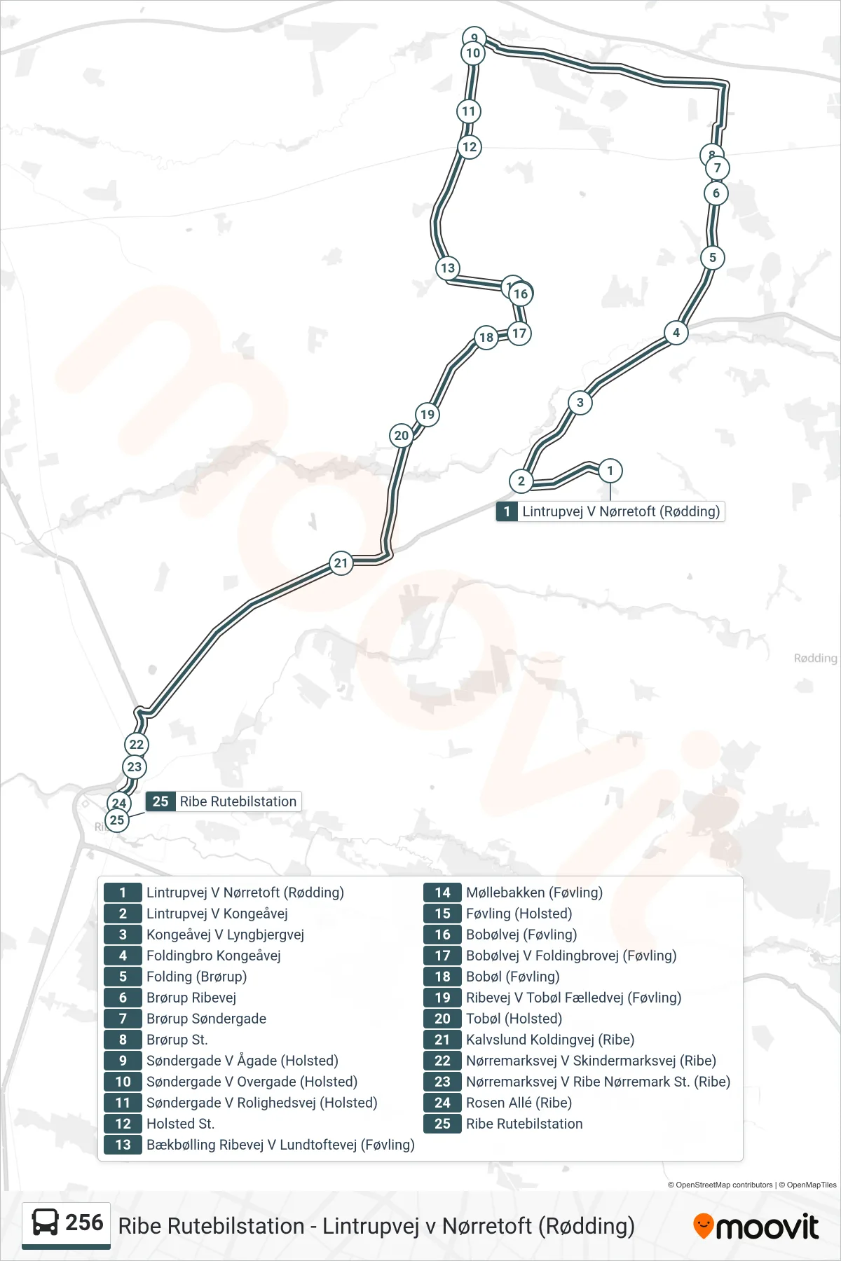 256 bus Linje (Ribe Rutebilstation) rute og stop på et kort