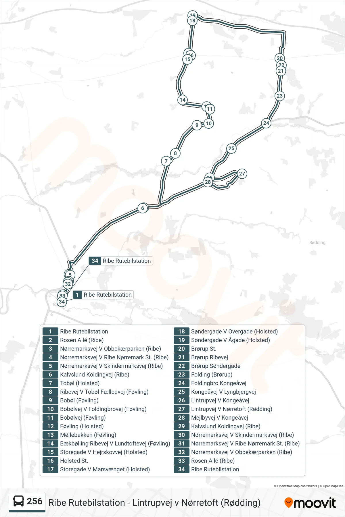 256 bus Linje (Ribe Rutebilstation) rute og stop på et kort