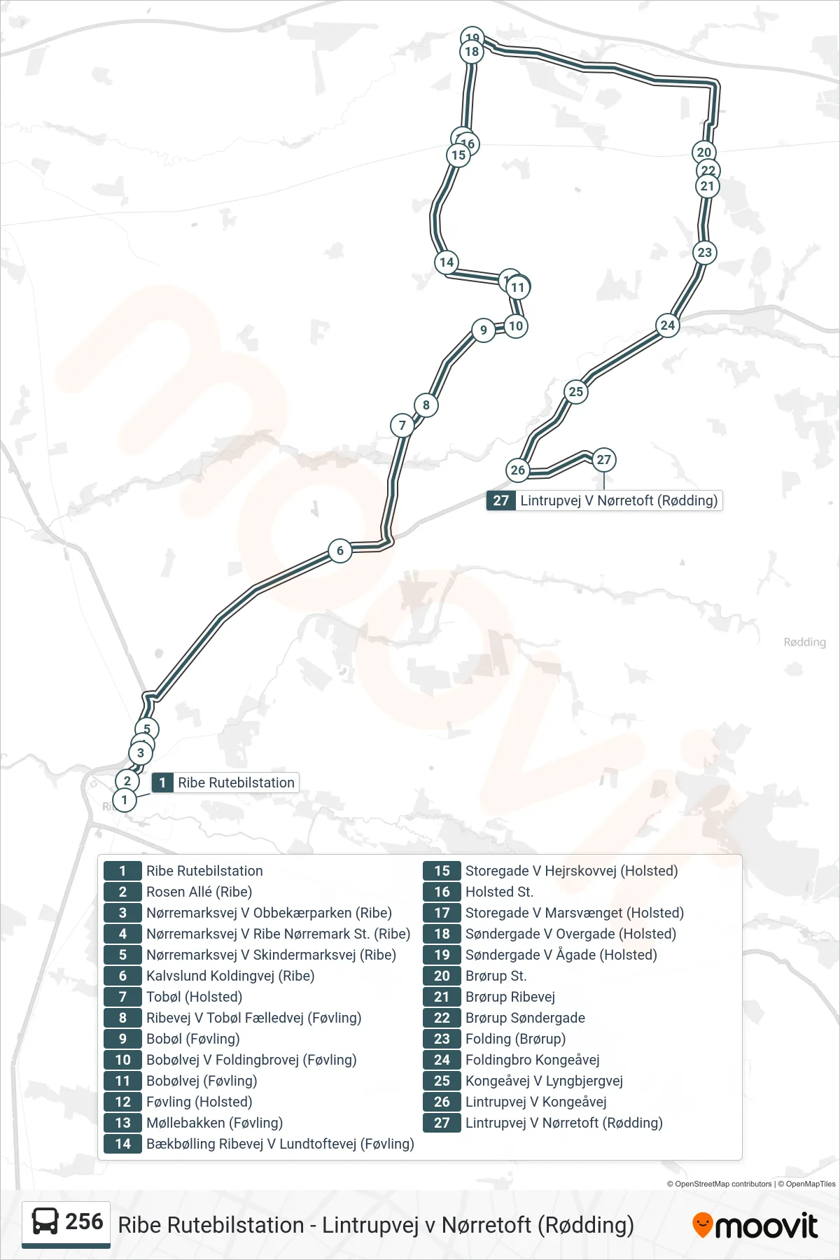 256 bus Line (Lintrupvej V Nørretoft (Rødding)) route and stops on a map