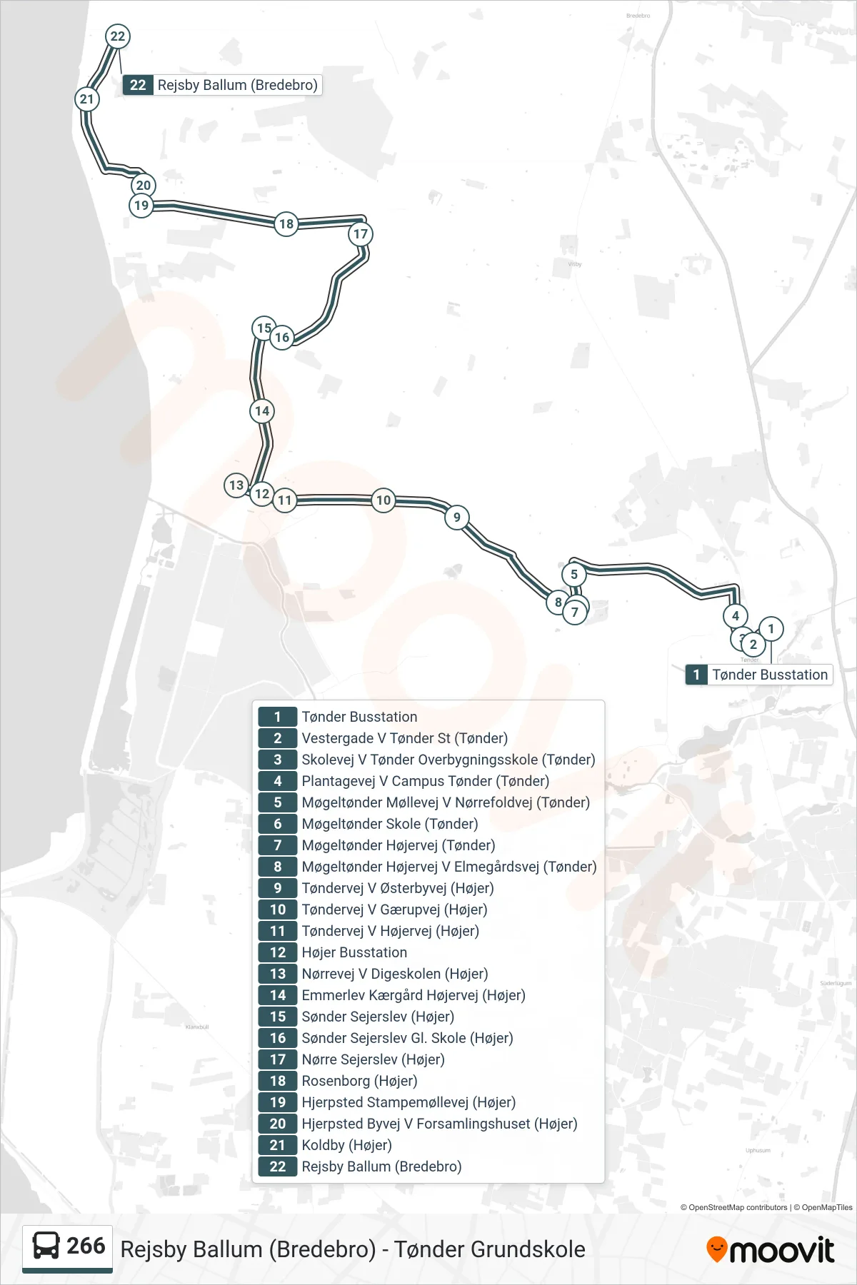 266 bus Linje (Rejsby Ballum (Bredebro)) rute og stop på et kort