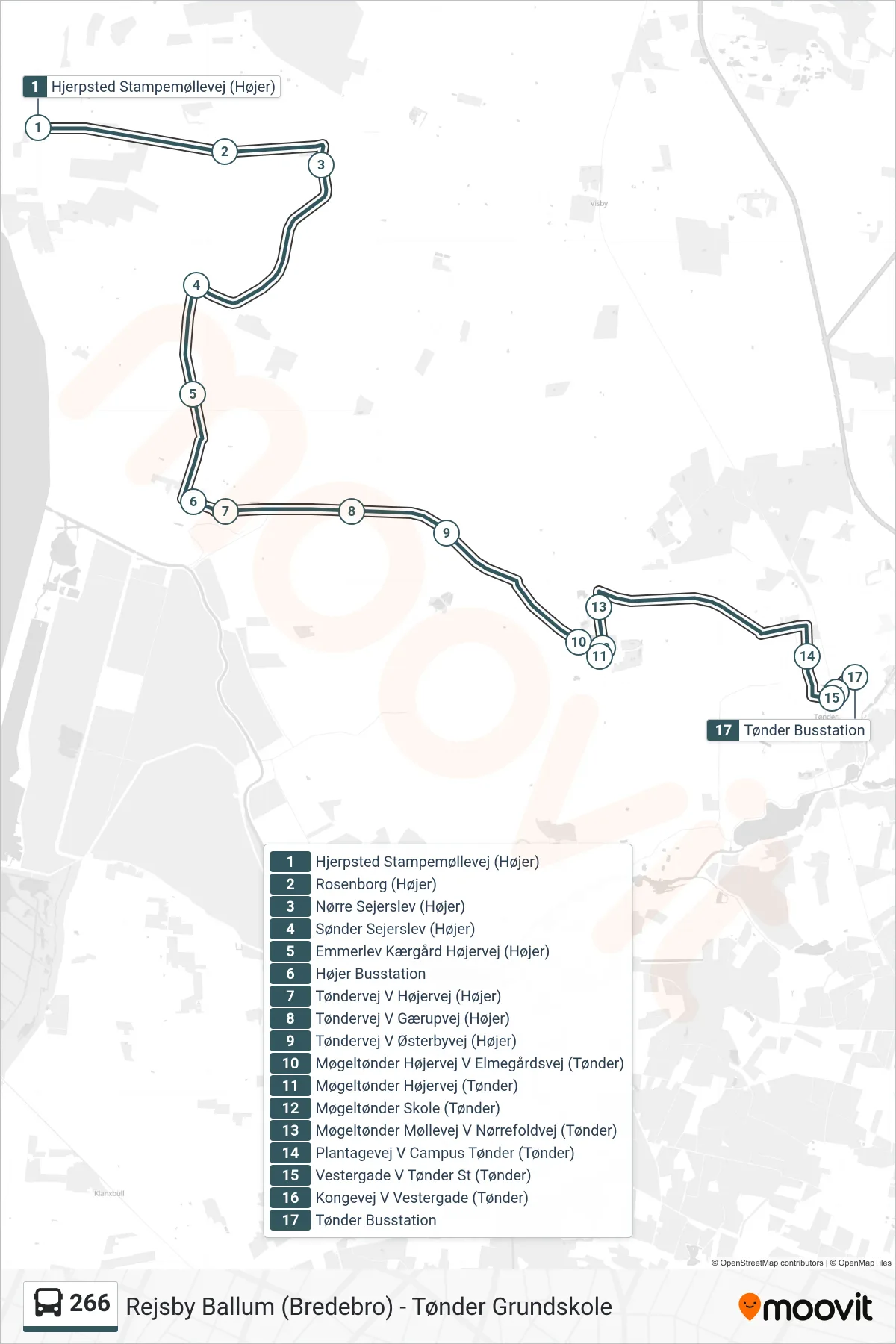 266 bus Linje (Tønder Busstation) rute og stop på et kort