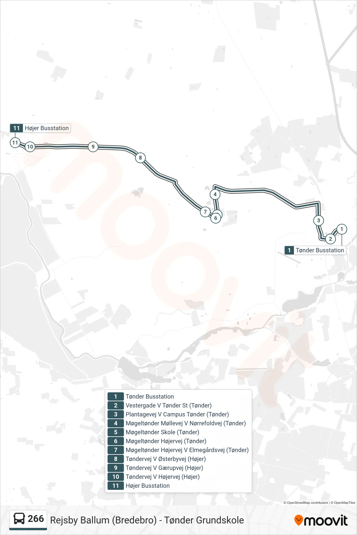 266 bus Linje (Højer) rute og stop på et kort