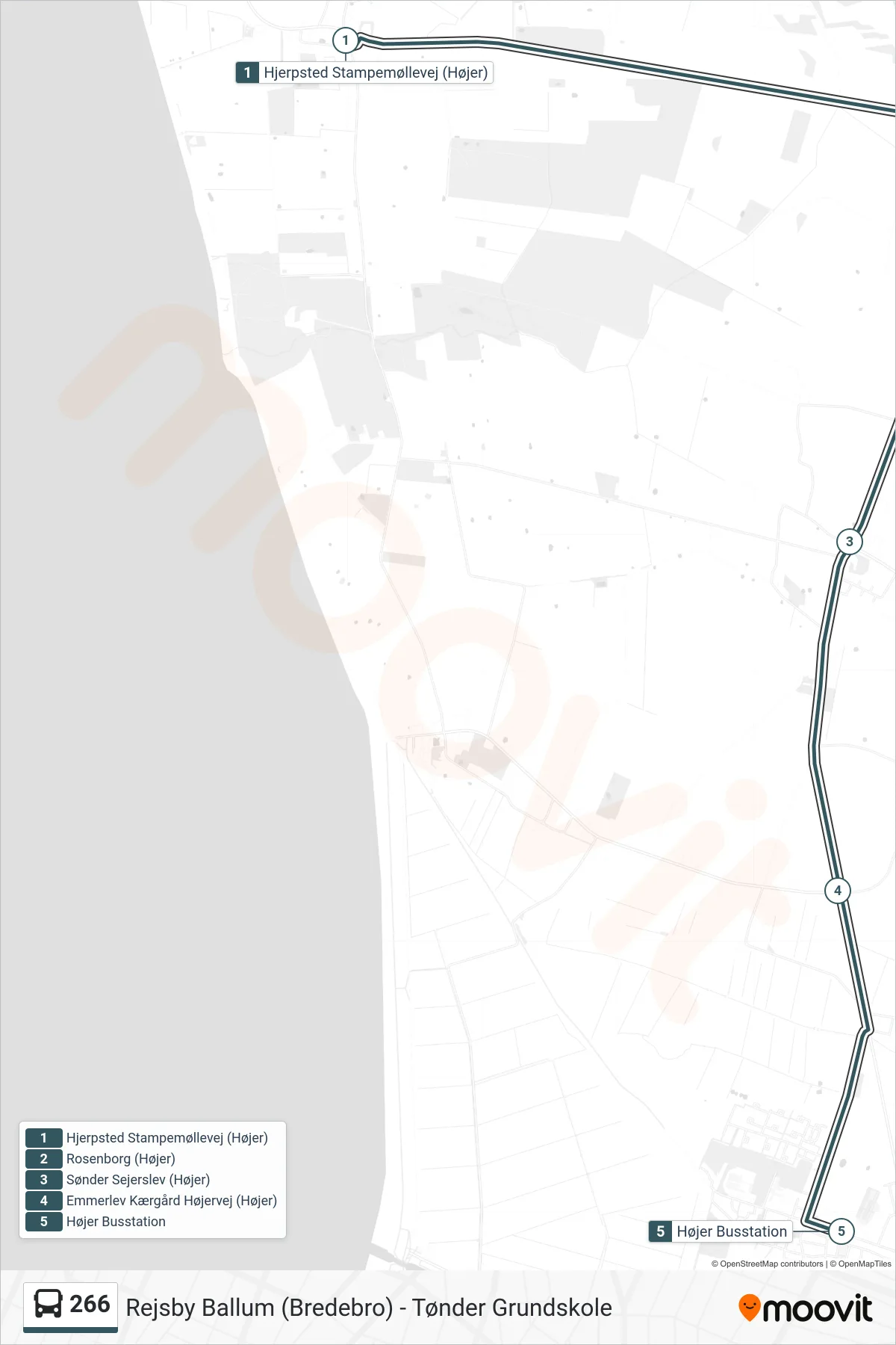 266 bus Linje (Højer) rute og stop på et kort