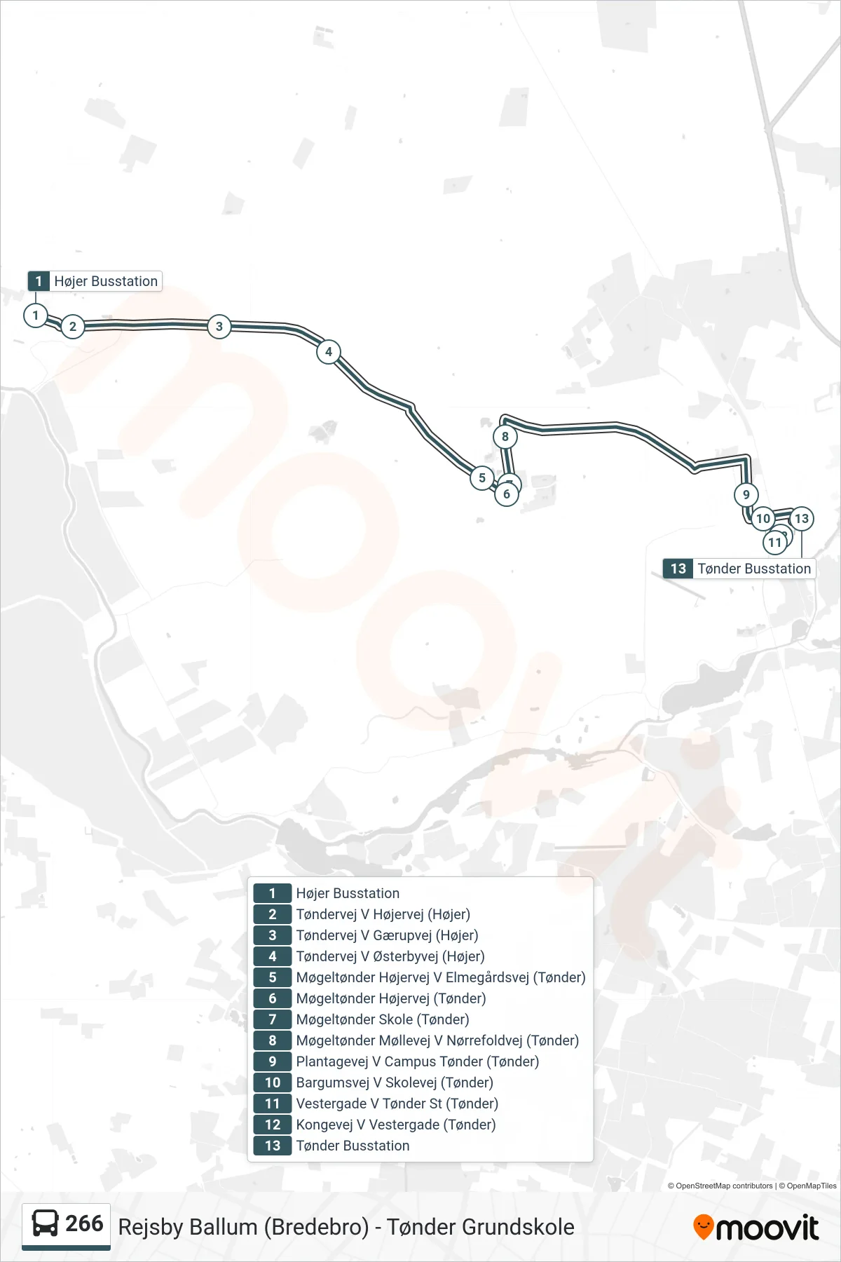 266 bus Linje (Tønder) rute og stop på et kort