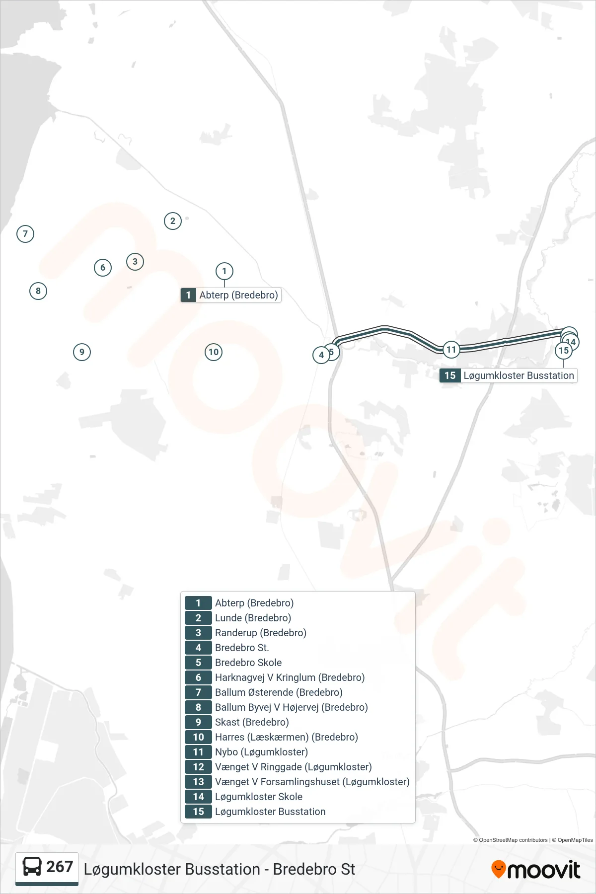 267 bus Linje (Løgumkloster Busstation) rute og stop på et kort