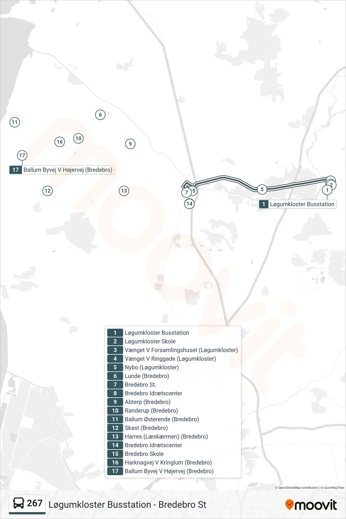 267 bus Linje (Bredebro St (Bus)) rute og stop på et kort