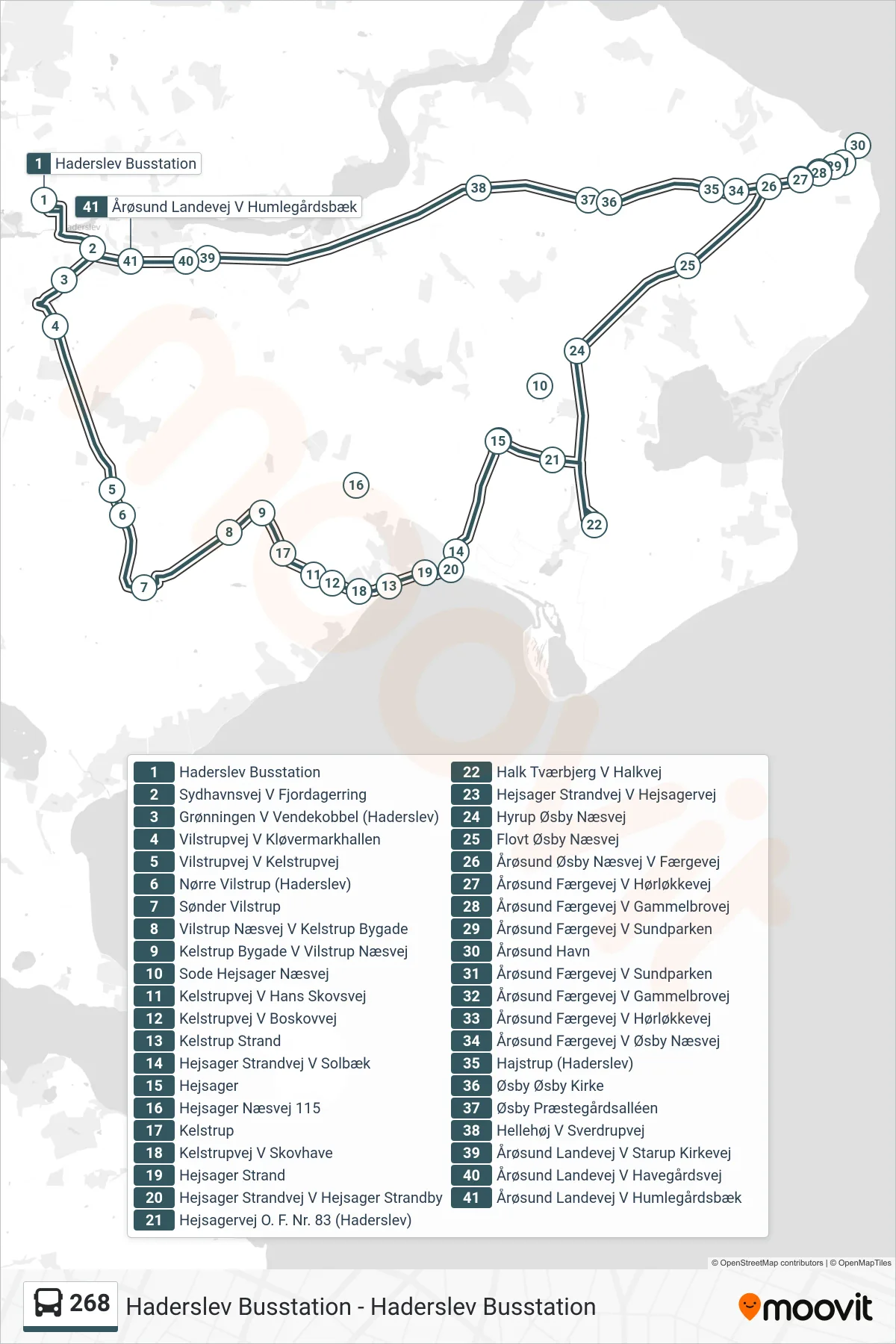 268 bus Linje (Sønder Vilstrup - Hejsager - Årøsund) rute og stop på et kort