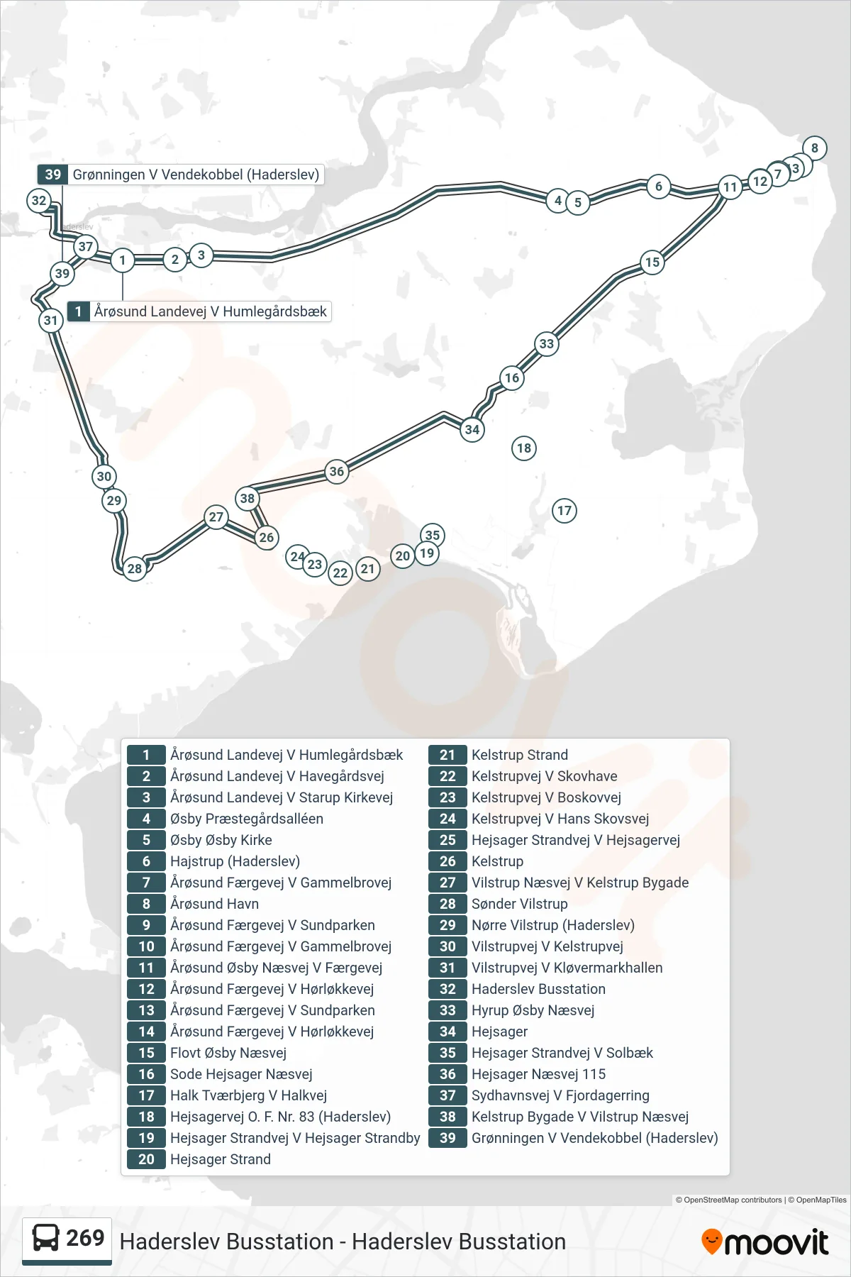 269 bus Linje (Årøsund - Hejsager - Sønder Vilstrup) rute og stop på et kort