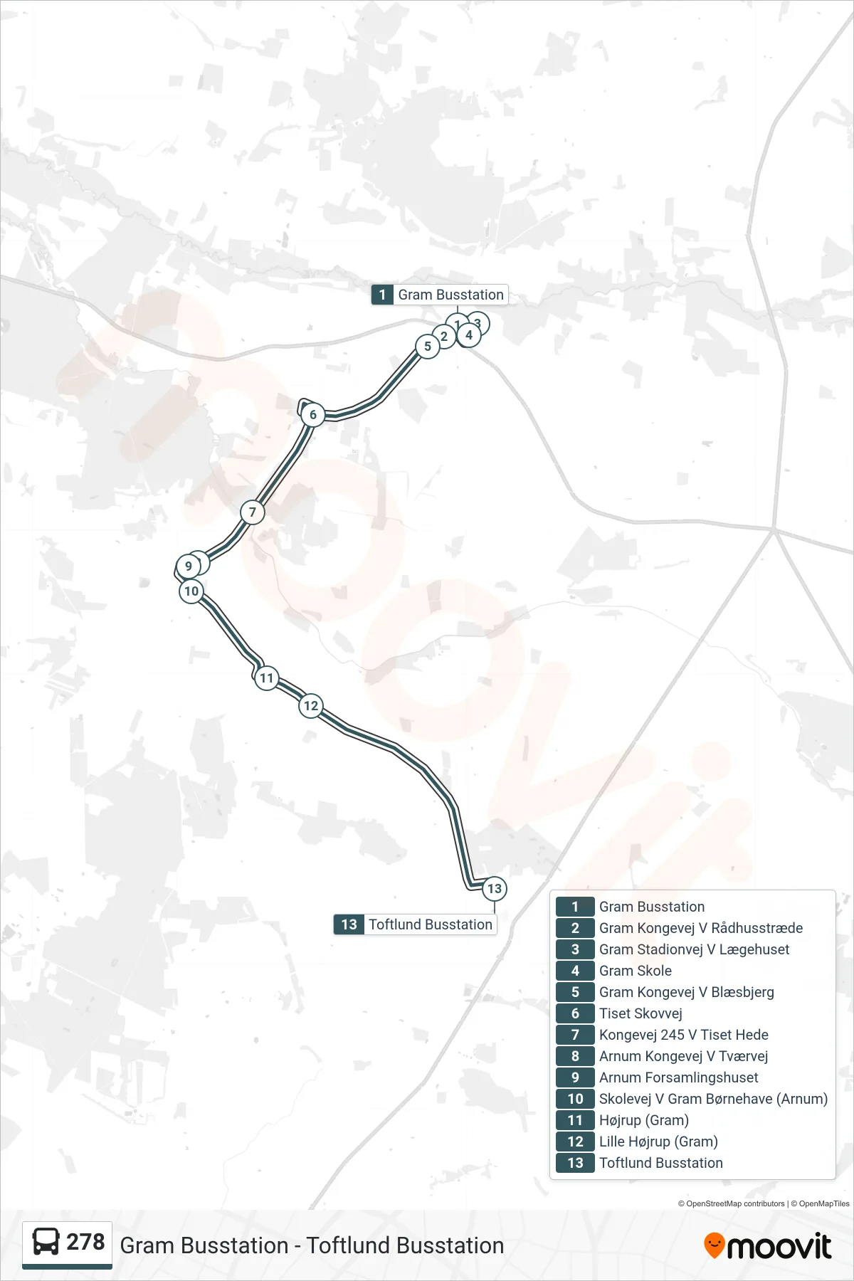 278 bus Linje (Toftlund) rute og stop på et kort