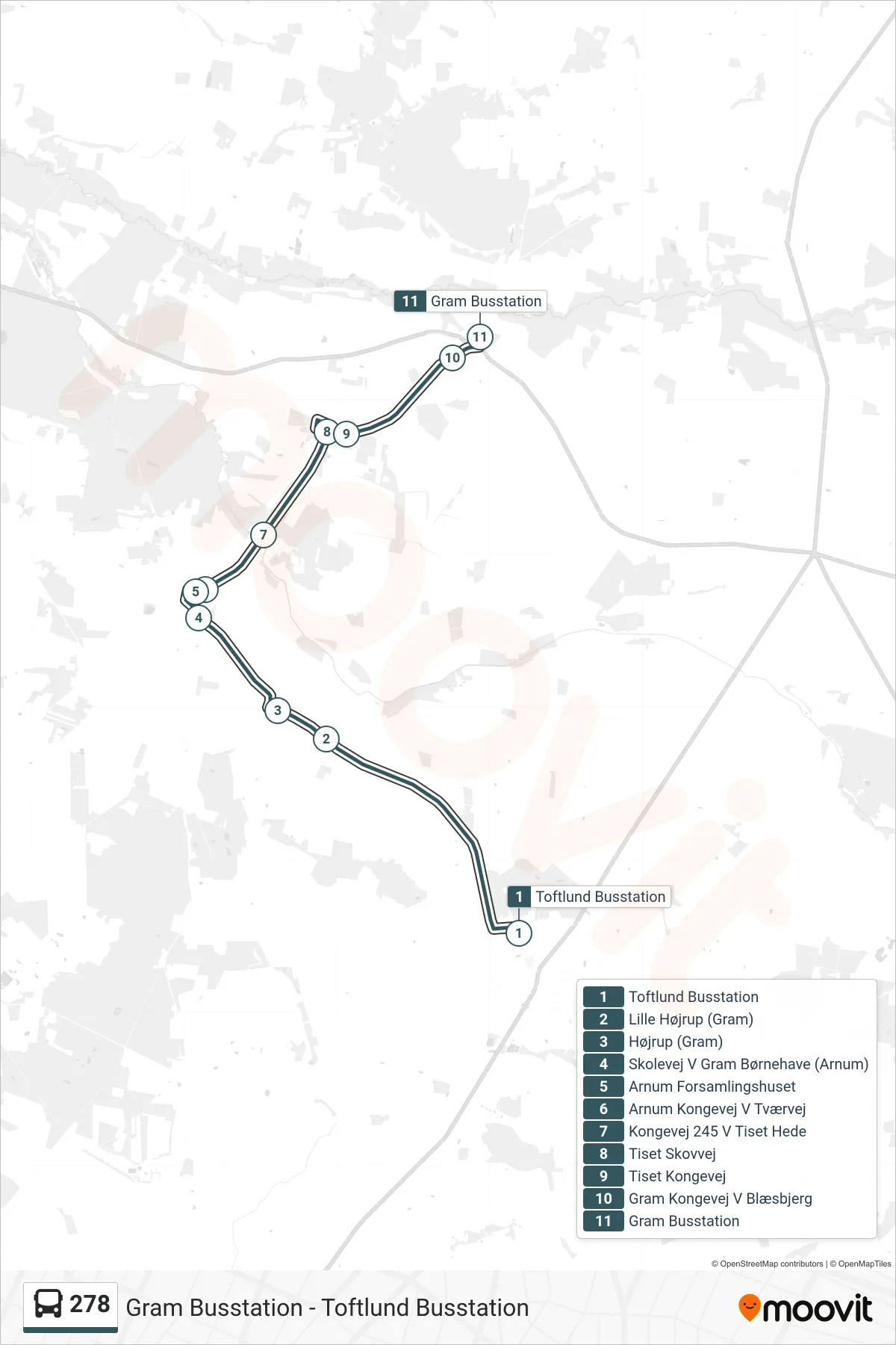 278 bus Linje (Gram) rute og stop på et kort