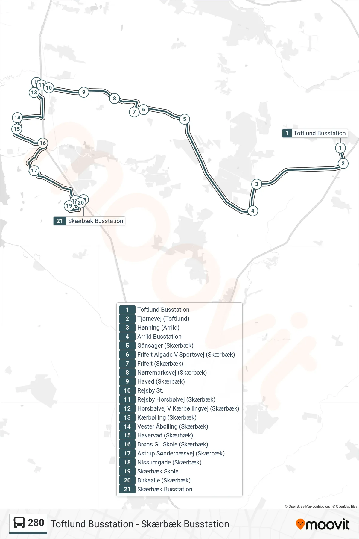 280 bus Line (Skærbæk Busstation) route and stops on a map