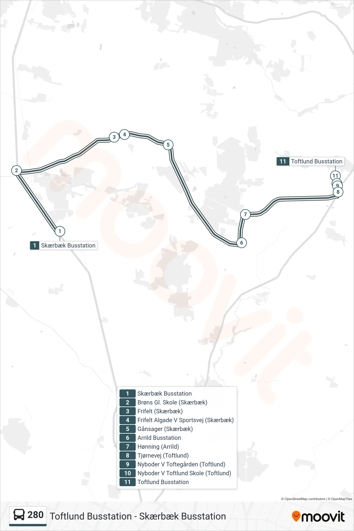 280 bus Linje (Toftlund) rute og stop på et kort