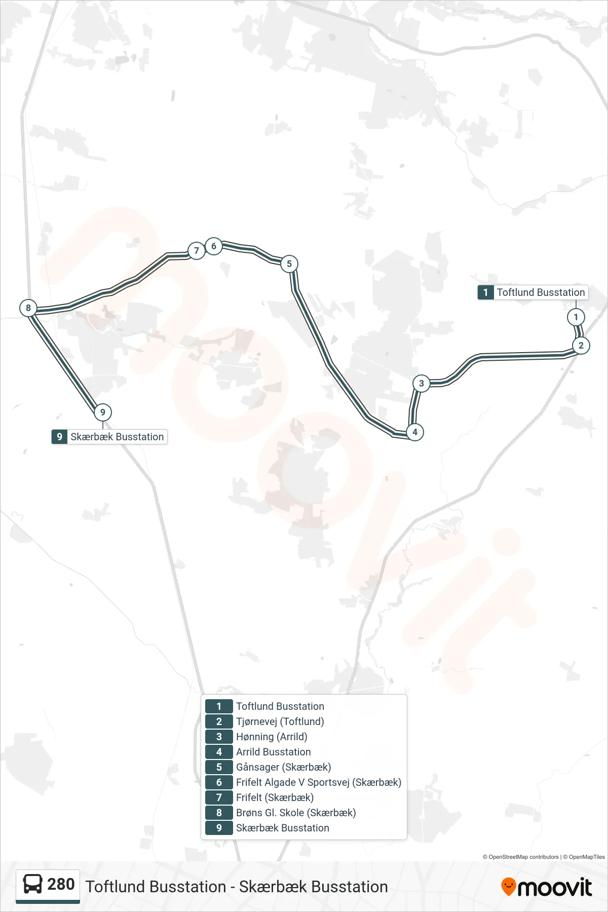 280 bus Linje (Skærbæk) rute og stop på et kort