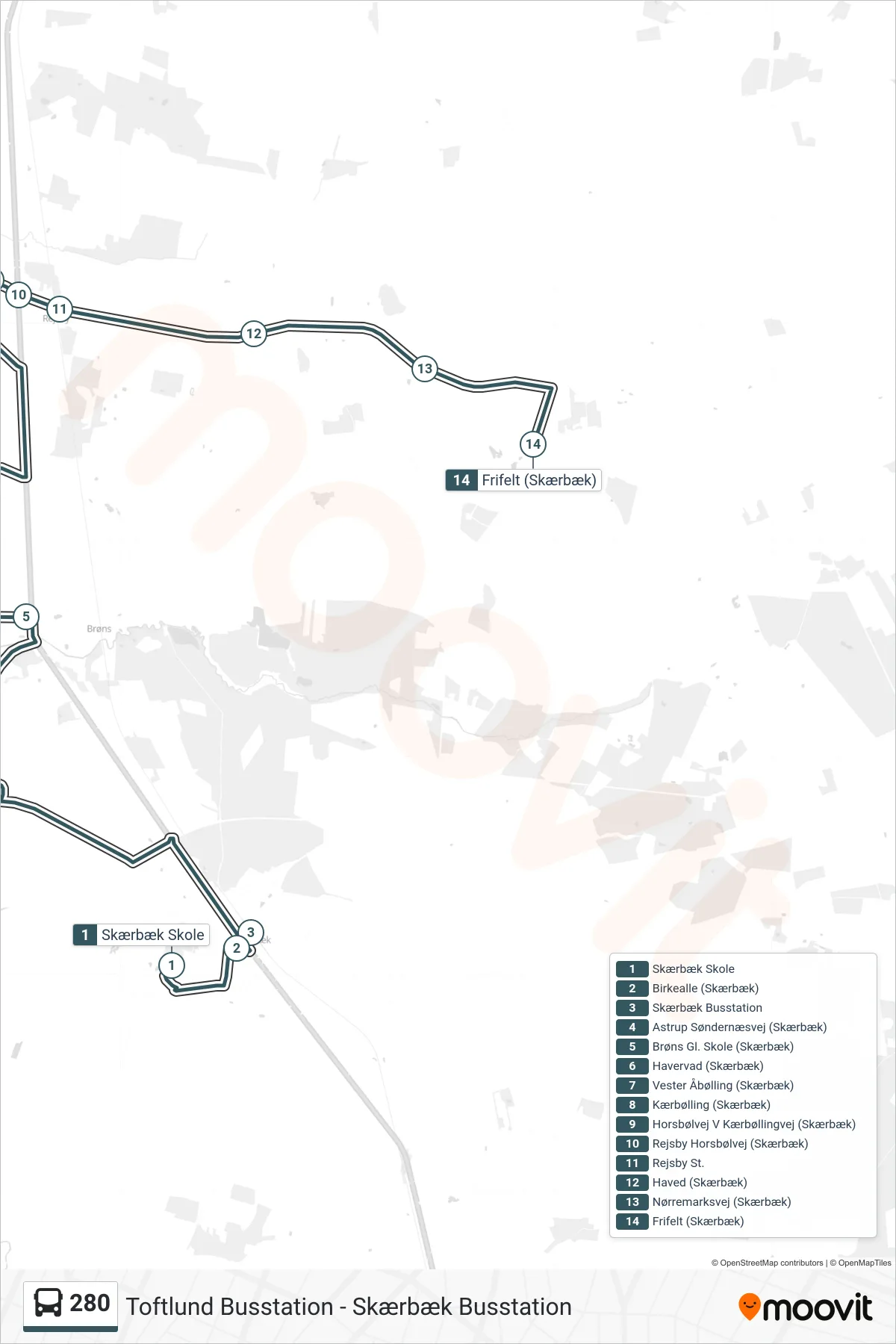 280 bus Line (Frifelt (Skærbæk)) route and stops on a map