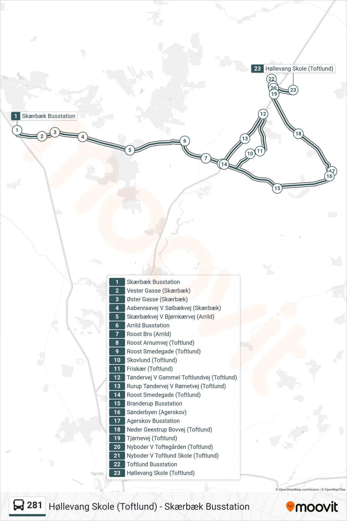 281 bus Linje (Høllevang Allé) rute og stop på et kort