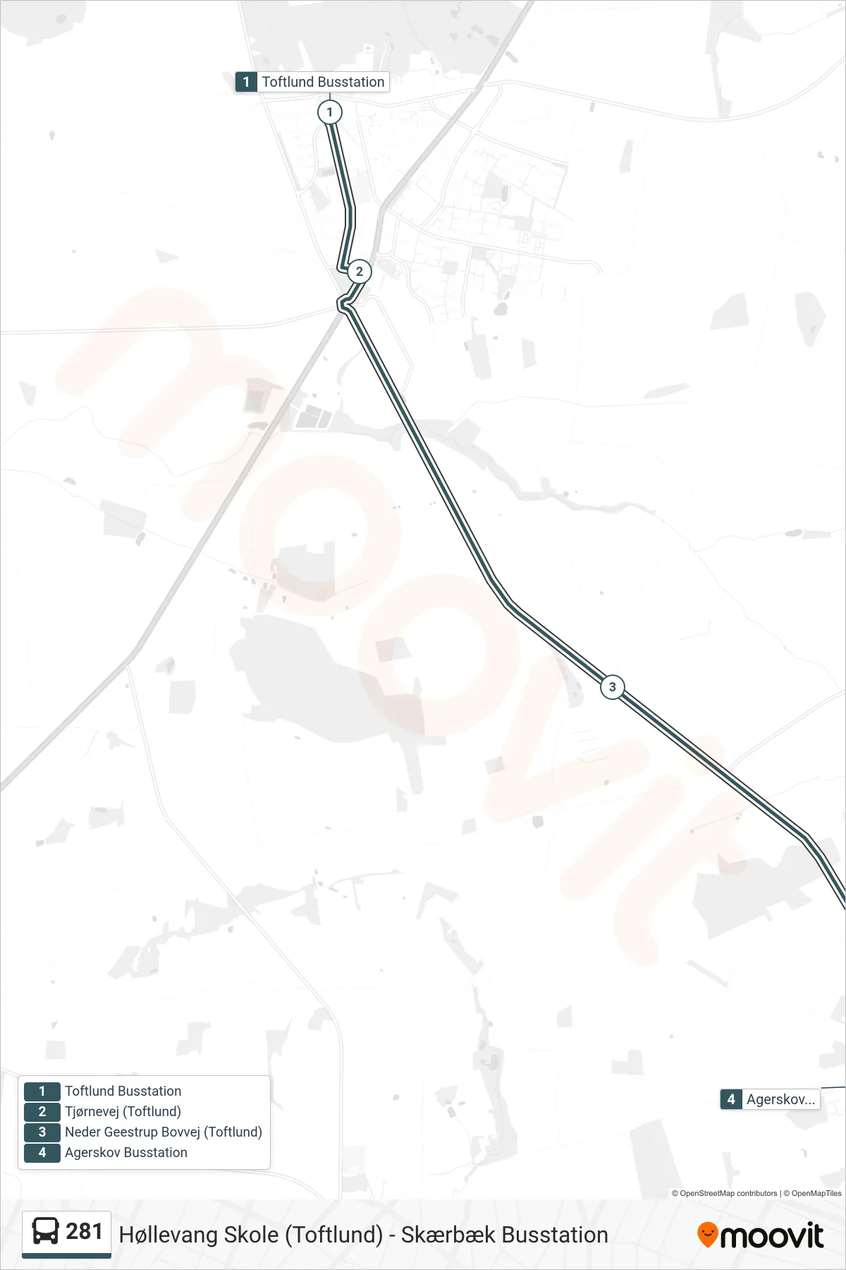 281 bus Linje (Agerskov Busstation) rute og stop på et kort