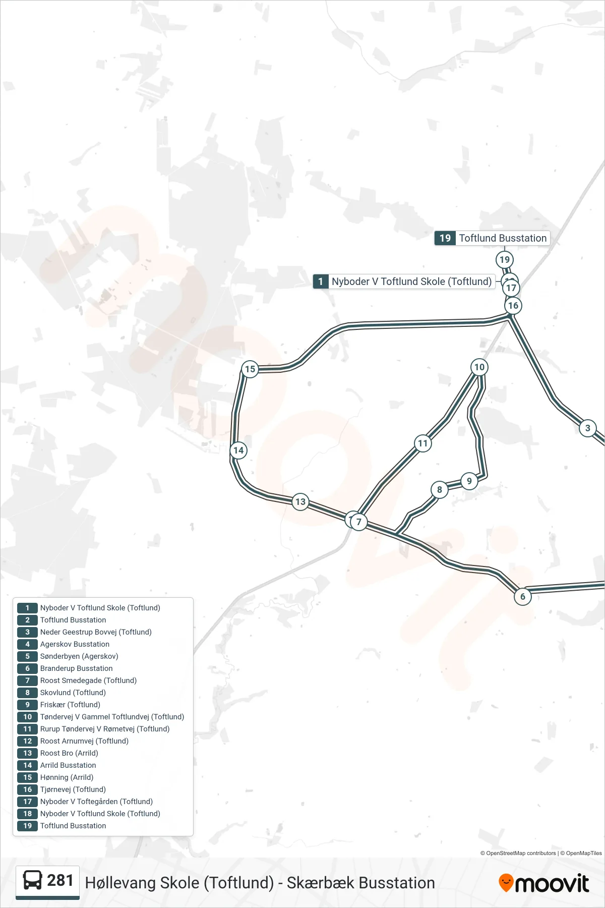 281 bus Linje (Toftlund Busstation) rute og stop på et kort