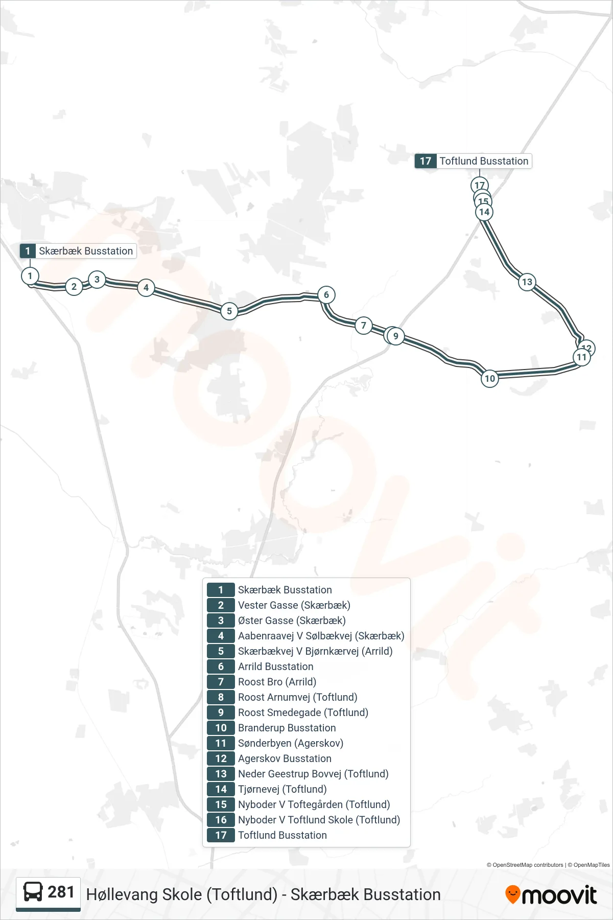 281 bus Linje (Toftlund) rute og stop på et kort