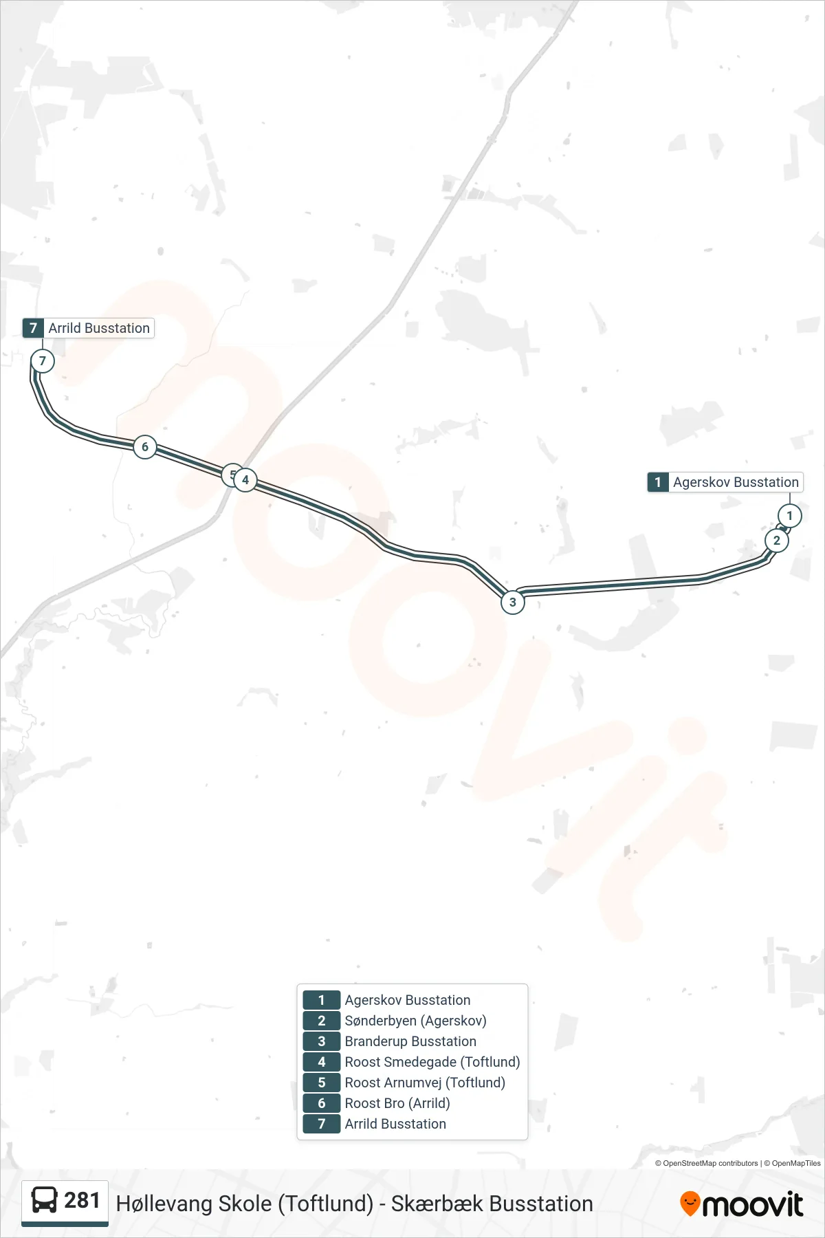 281 bus Linje (Arrild) rute og stop på et kort