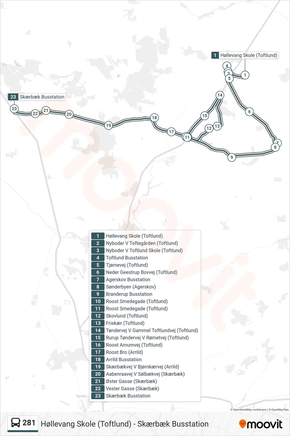 281 bus Linje (Skærbæk) rute og stop på et kort